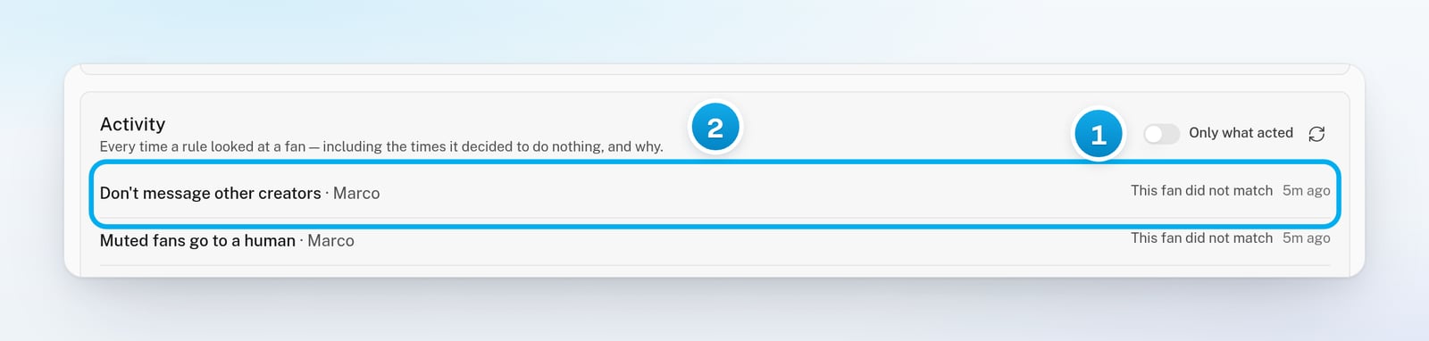 The Activity list with Only what acted switched off, where each rule check that did nothing says why, for example This fan did not match