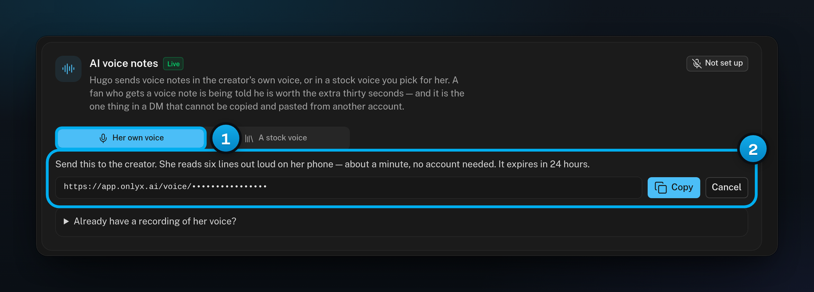 The AI voice notes card with Her own voice selected, a recording link ready to send, and its Copy and Cancel buttons