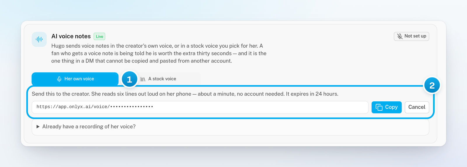 The AI voice notes card with Her own voice selected, a recording link ready to send, and its Copy and Cancel buttons