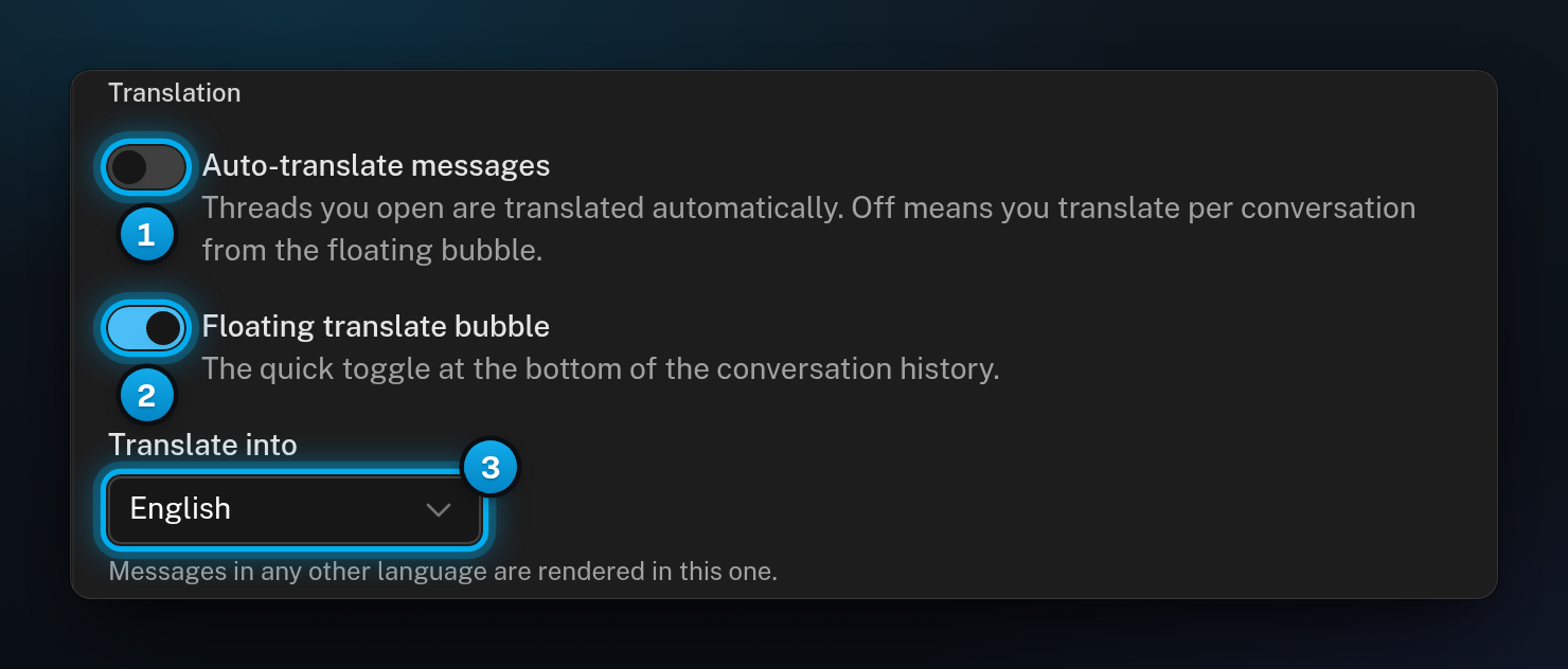 The Inbox display card in Appearance settings, with the Auto-translate messages switch, the Translate into menu and the Floating translate bubble switch