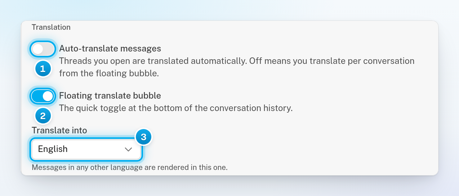 The Inbox display card in Appearance settings, with the Auto-translate messages switch, the Translate into menu and the Floating translate bubble switch