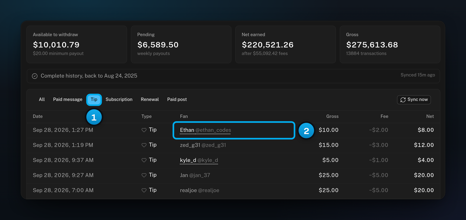 The list of payments filtered to Tip, with a fan's name that links to the conversation with him