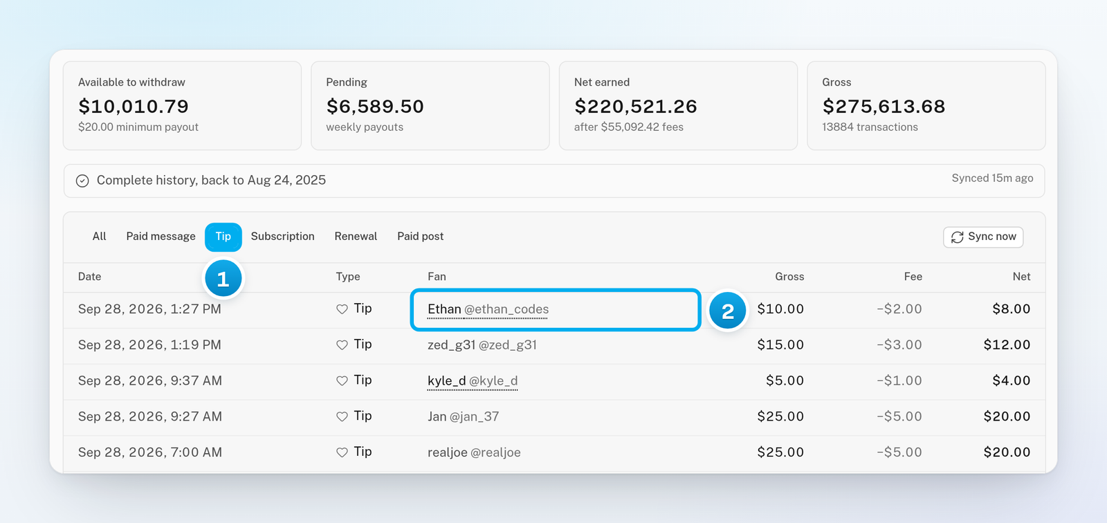 The list of payments filtered to Tip, with a fan's name that links to the conversation with him