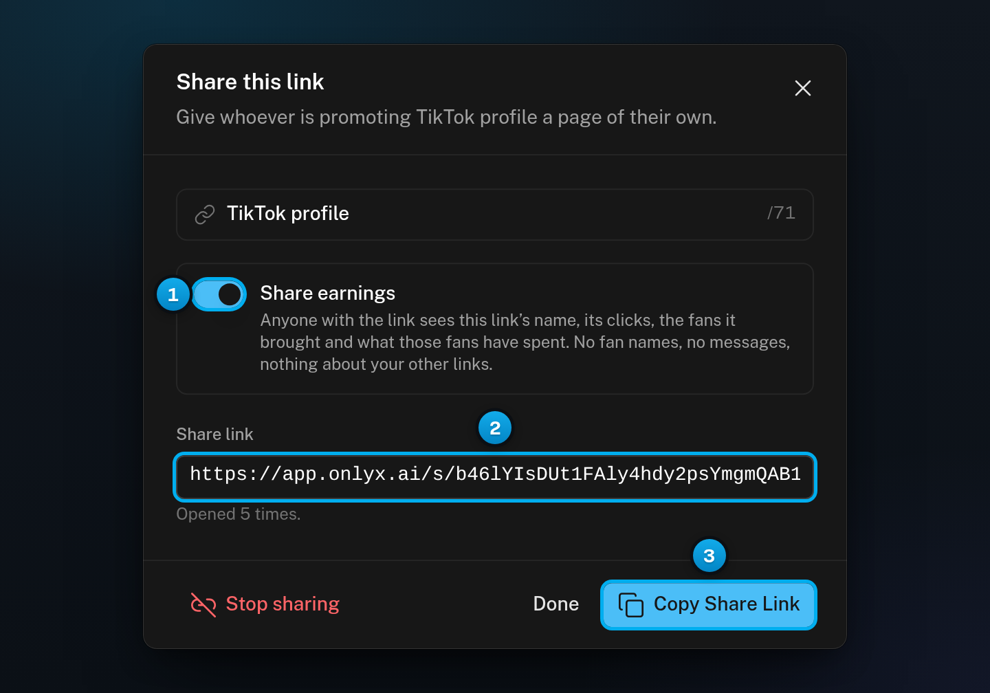 The Share this link window with the Share earnings switch on, the share link address, how often it was opened, and the Copy Share Link button