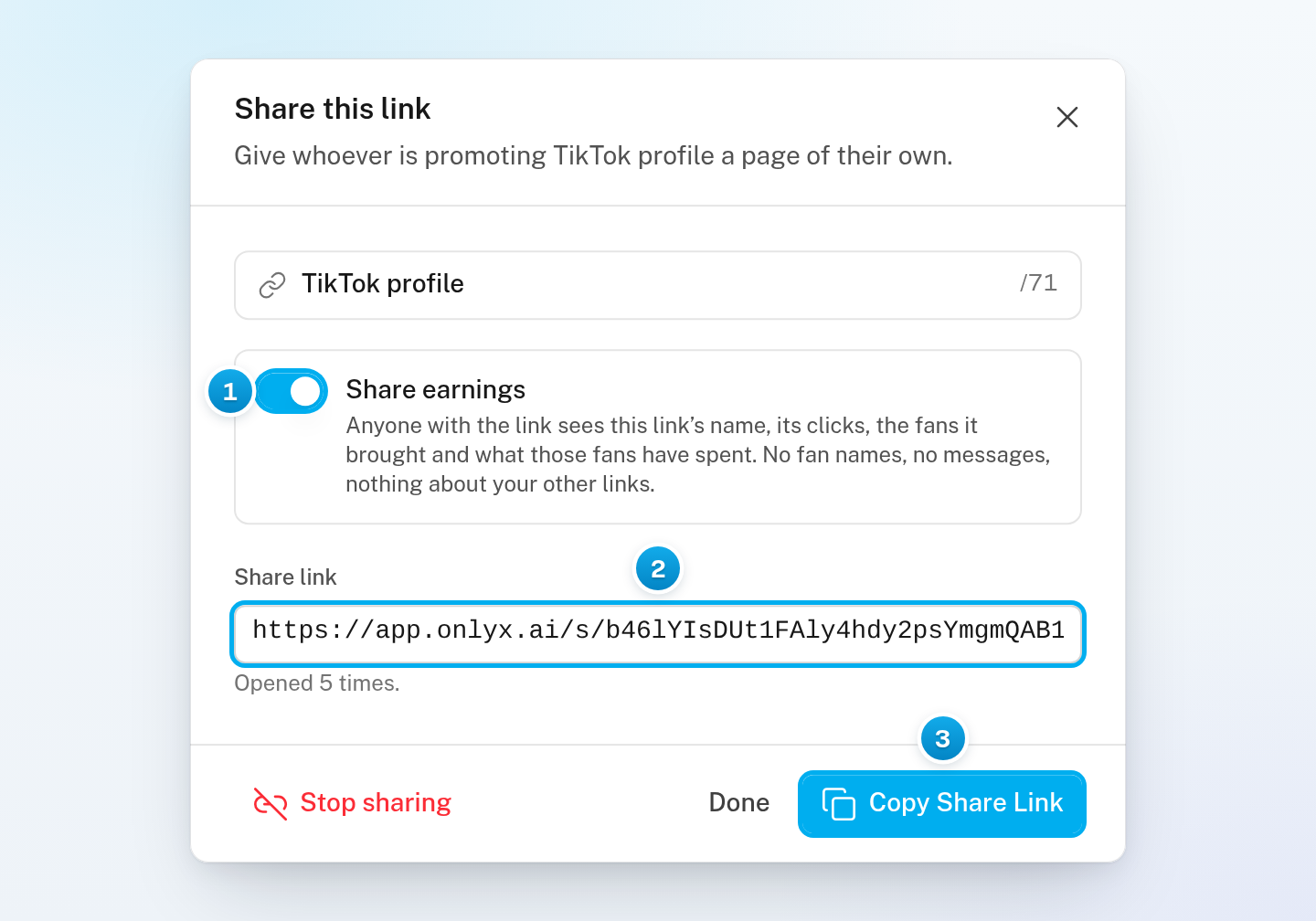 The Share this link window with the Share earnings switch on, the share link address, how often it was opened, and the Copy Share Link button