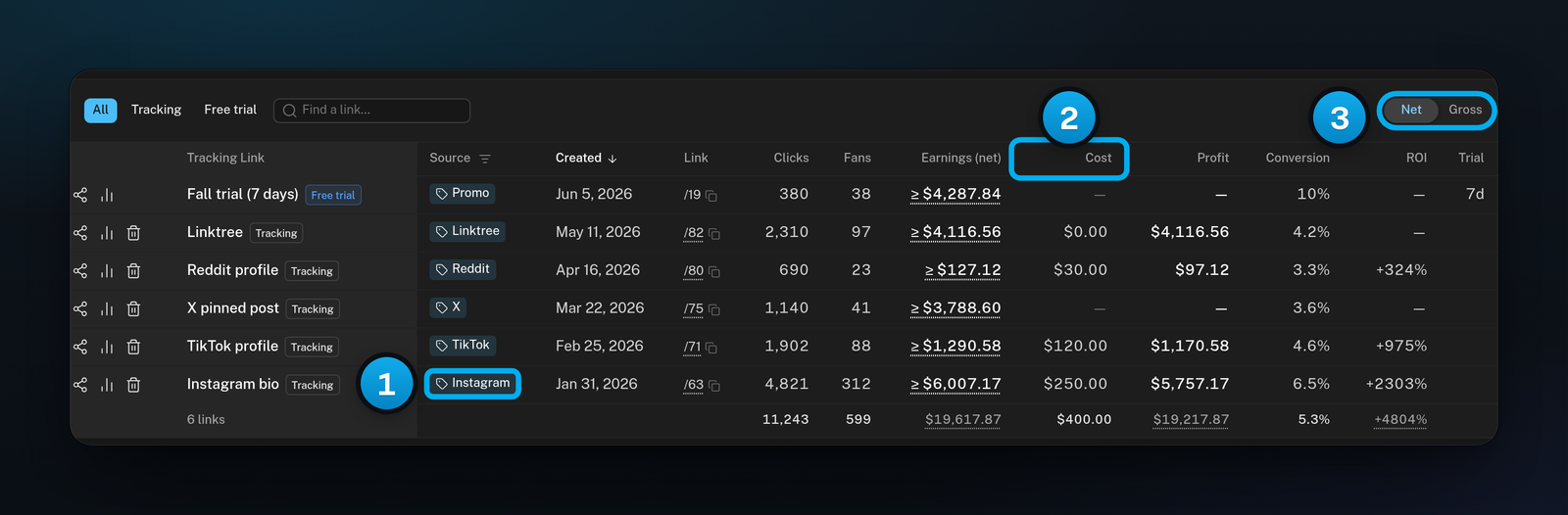 The tracking links table with a source typed on each link and costs on most, and the Net and Gross switch at the top of the table