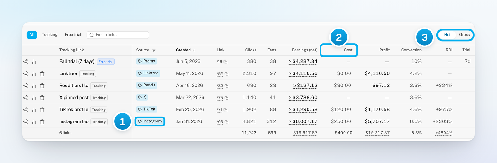 The tracking links table with a source typed on each link and costs on most, and the Net and Gross switch at the top of the table