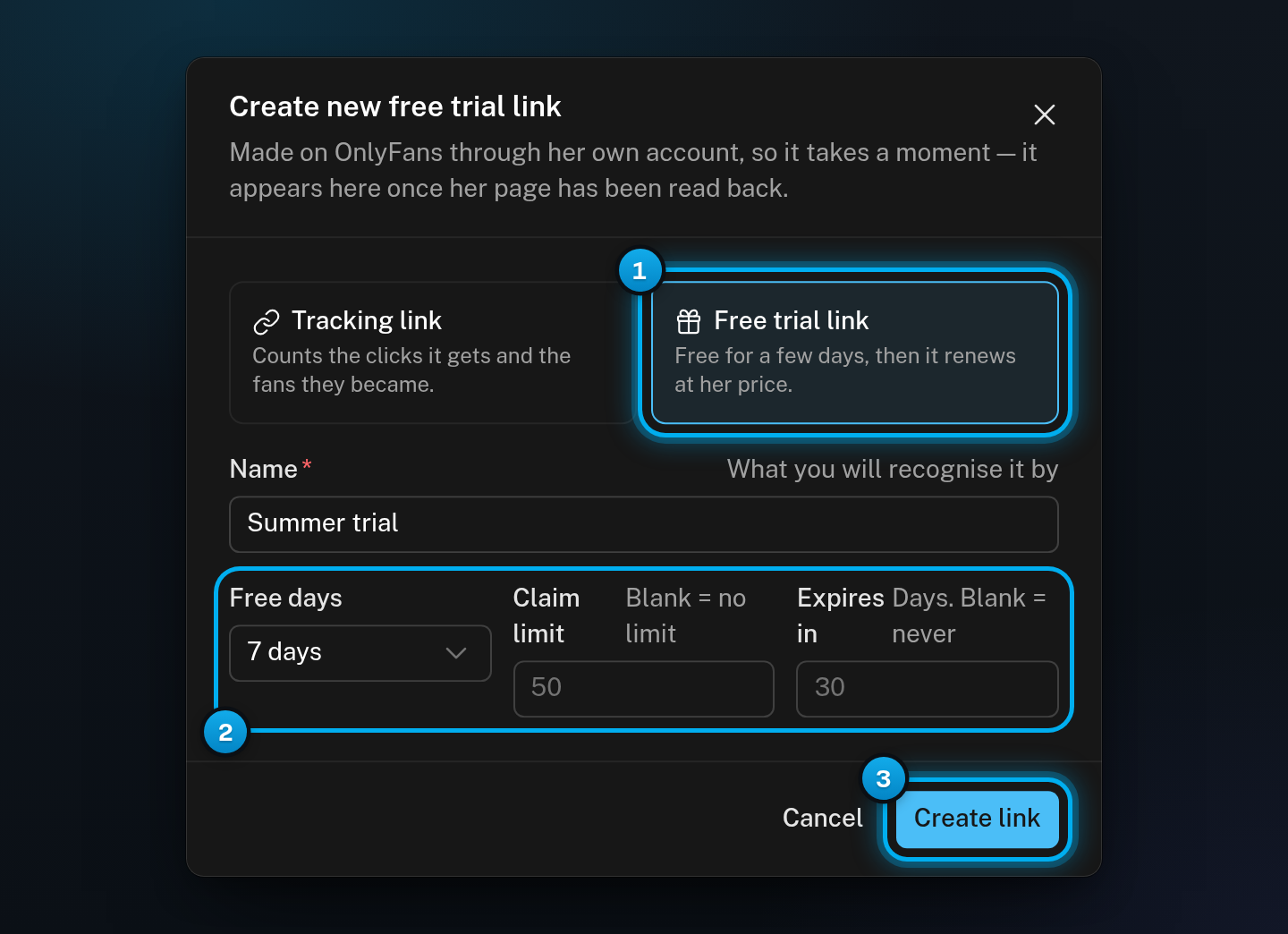 The Create new free trial link window: Free trial link chosen, a name, Free days set to 7 days, empty Claim limit and Expires in fields, and Create link