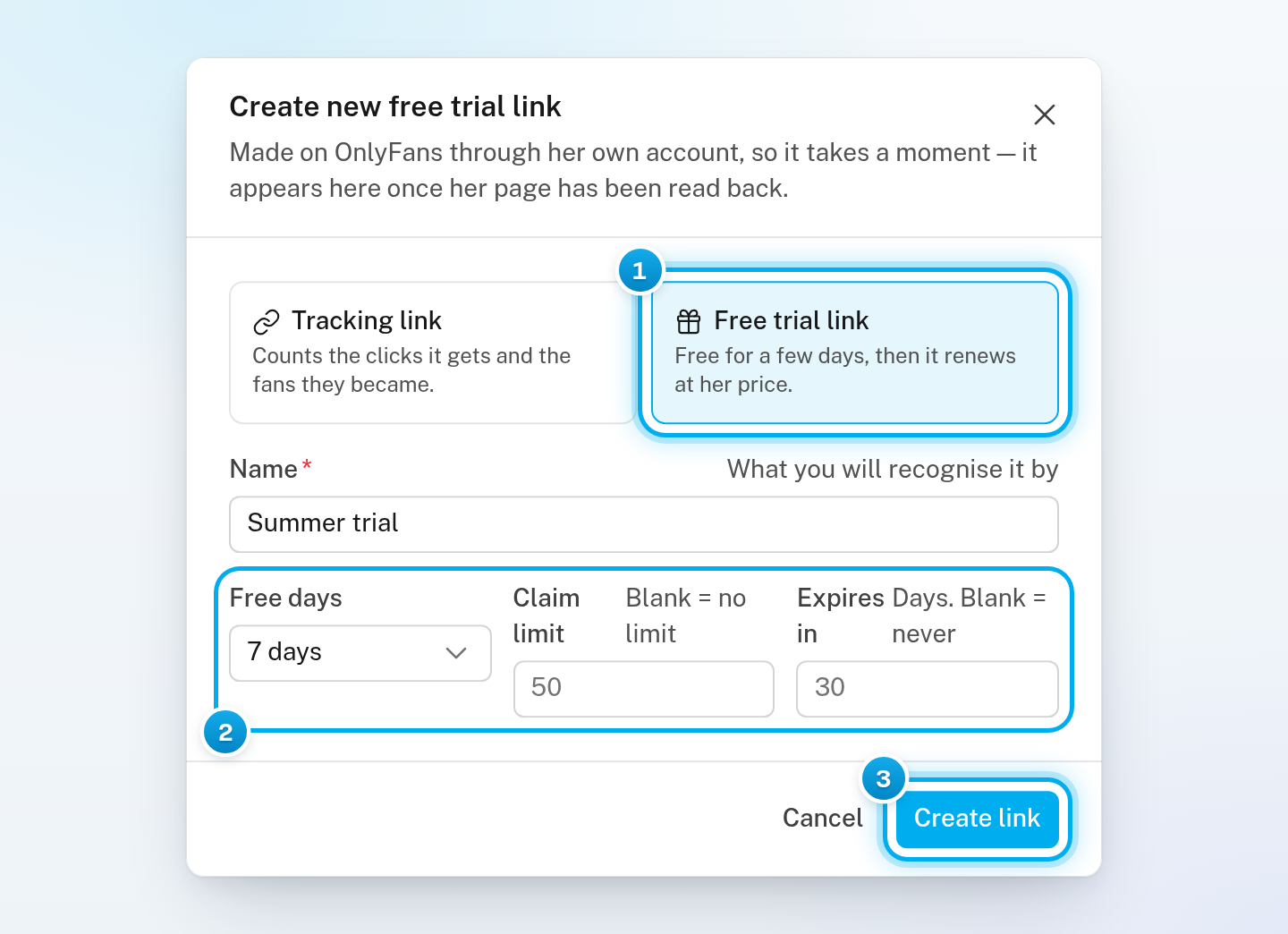 The Create new free trial link window: Free trial link chosen, a name, Free days set to 7 days, empty Claim limit and Expires in fields, and Create link