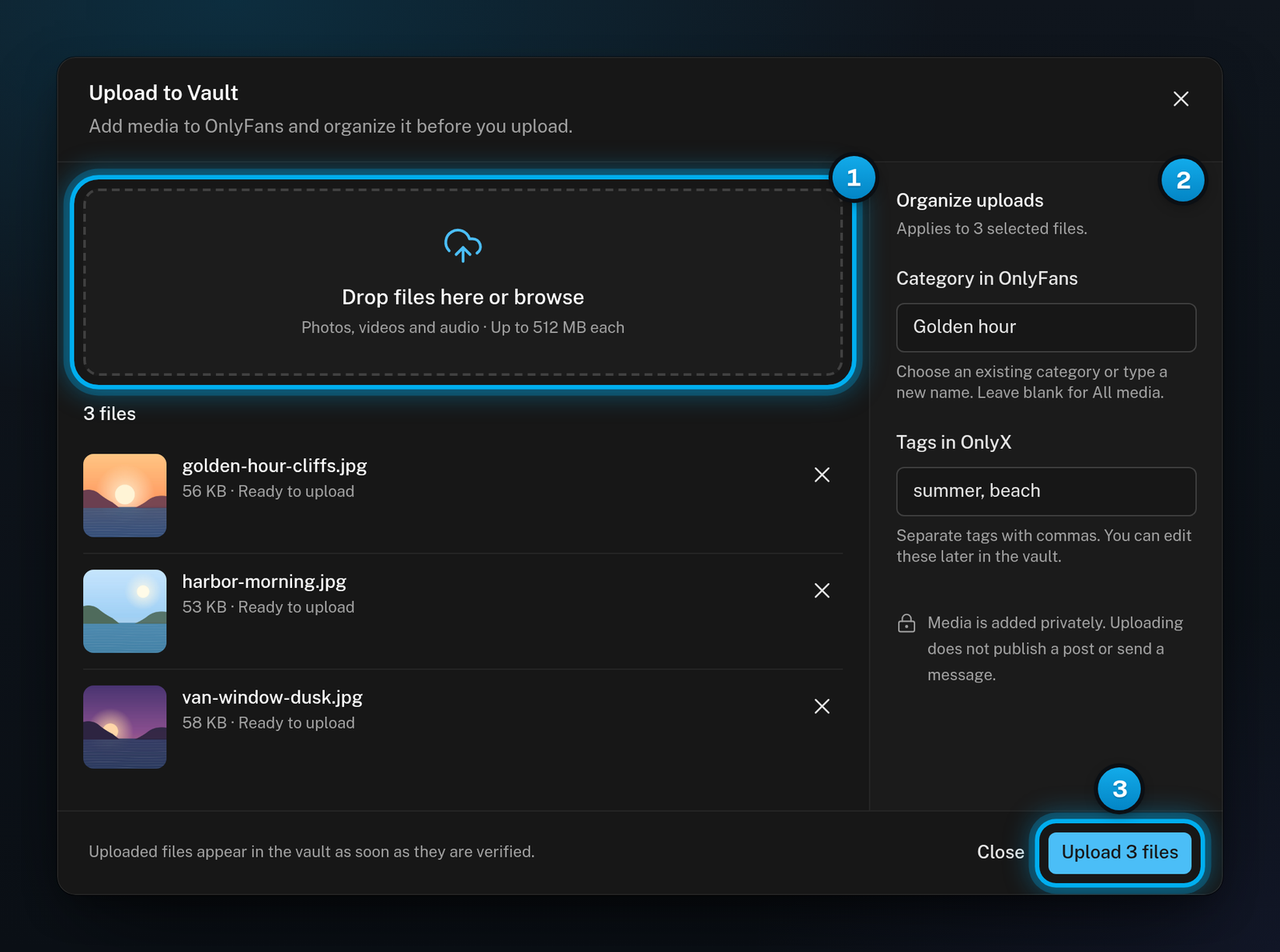The Upload to Vault window with three photos ready to upload, a category and tags filled in, and the Upload 3 files button