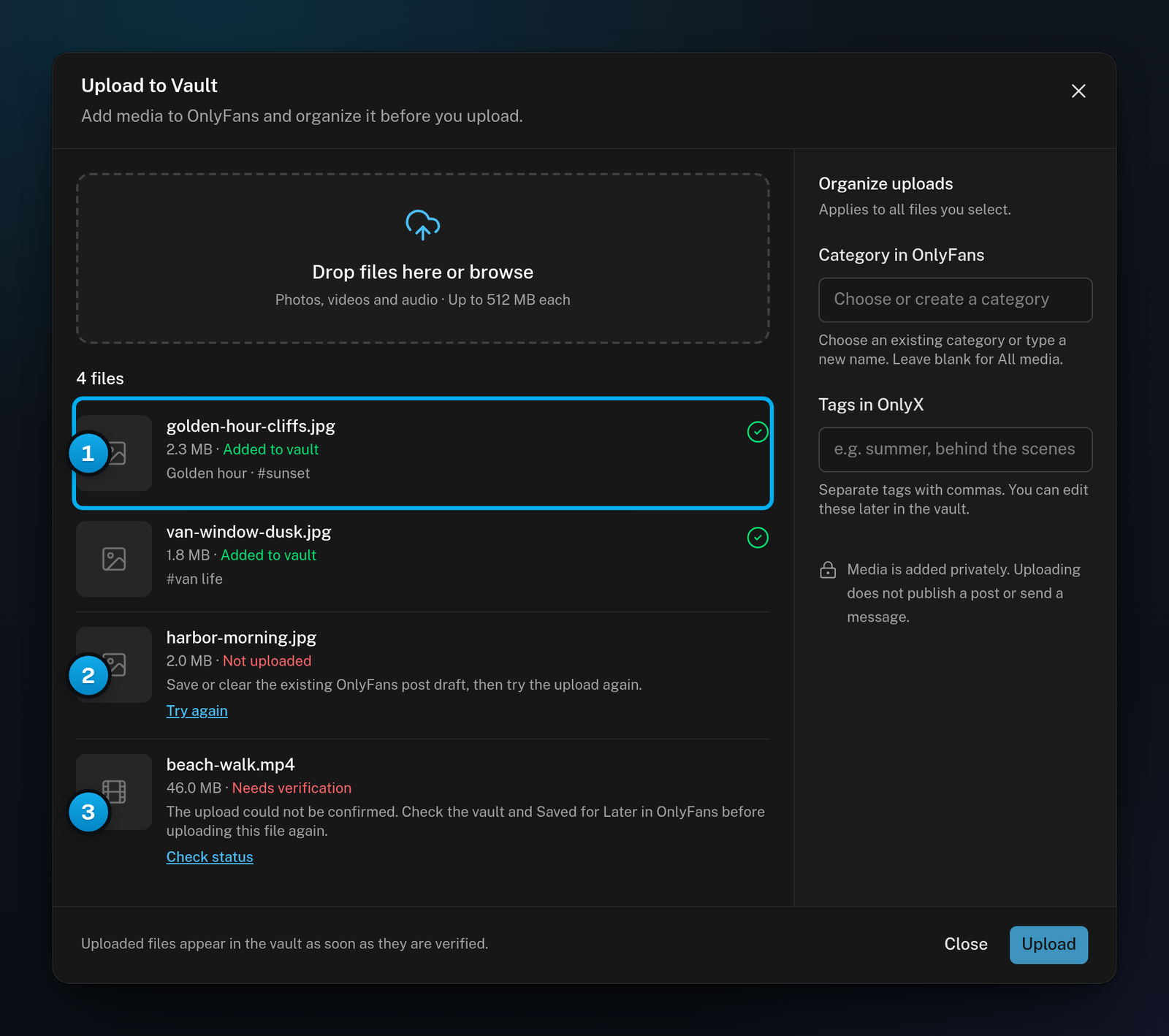 The upload list: finished files marked Added to vault, a file marked Not uploaded with Try again, and one marked Needs verification with Check status
