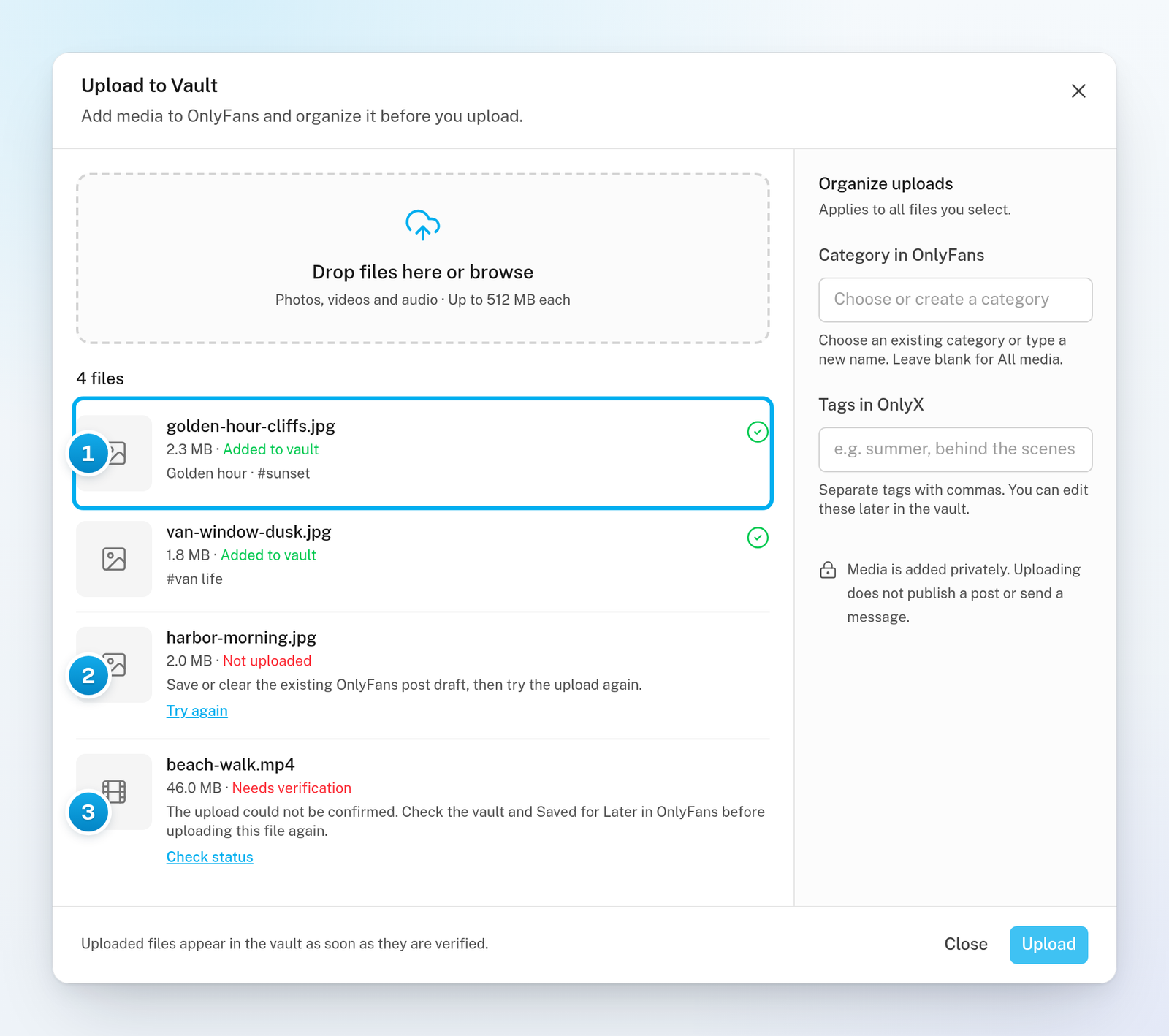 The upload list: finished files marked Added to vault, a file marked Not uploaded with Try again, and one marked Needs verification with Check status