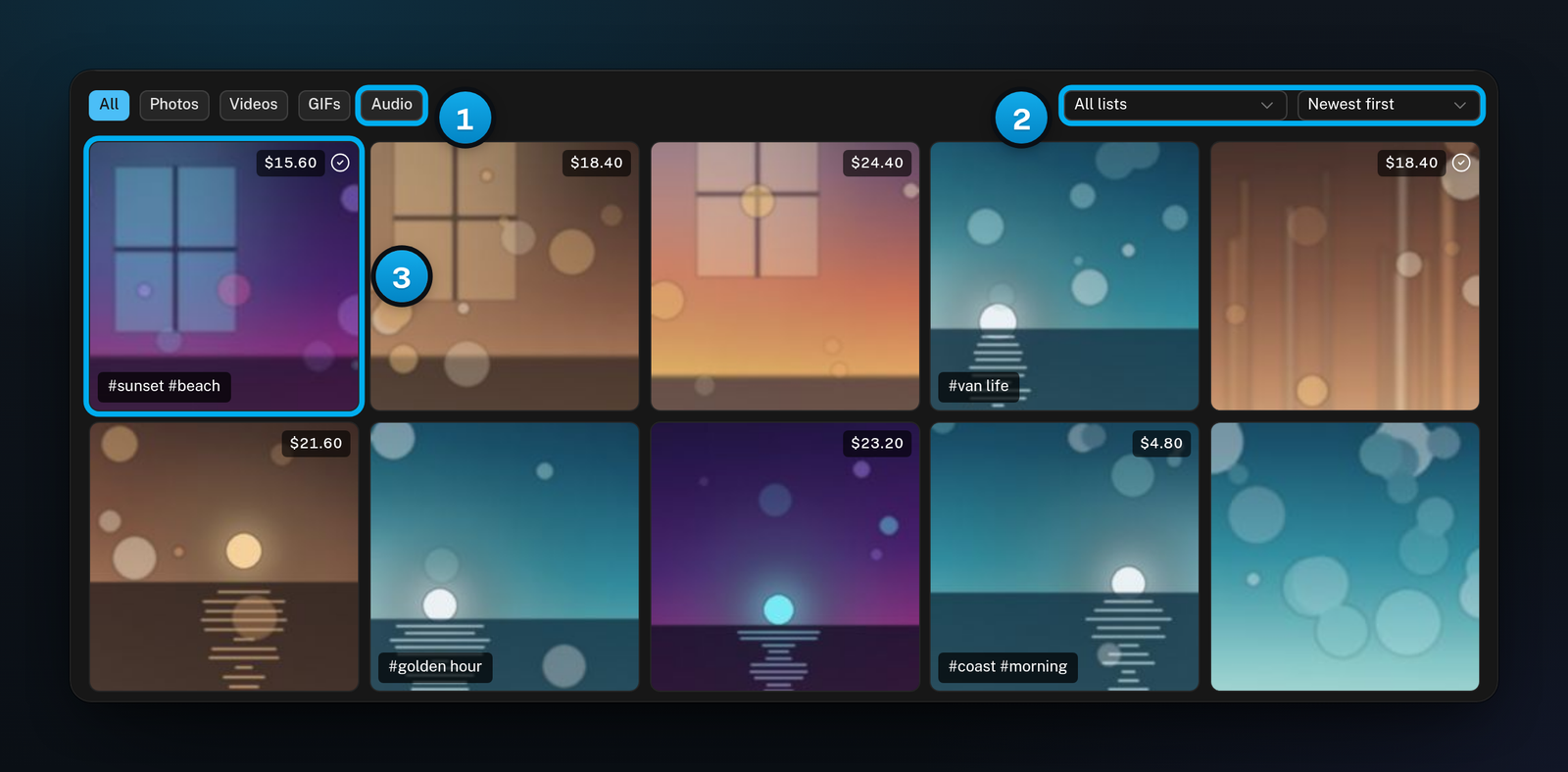 The vault's type filters, list menu and sort menu, over a grid of files, some of them showing OnlyX tags
