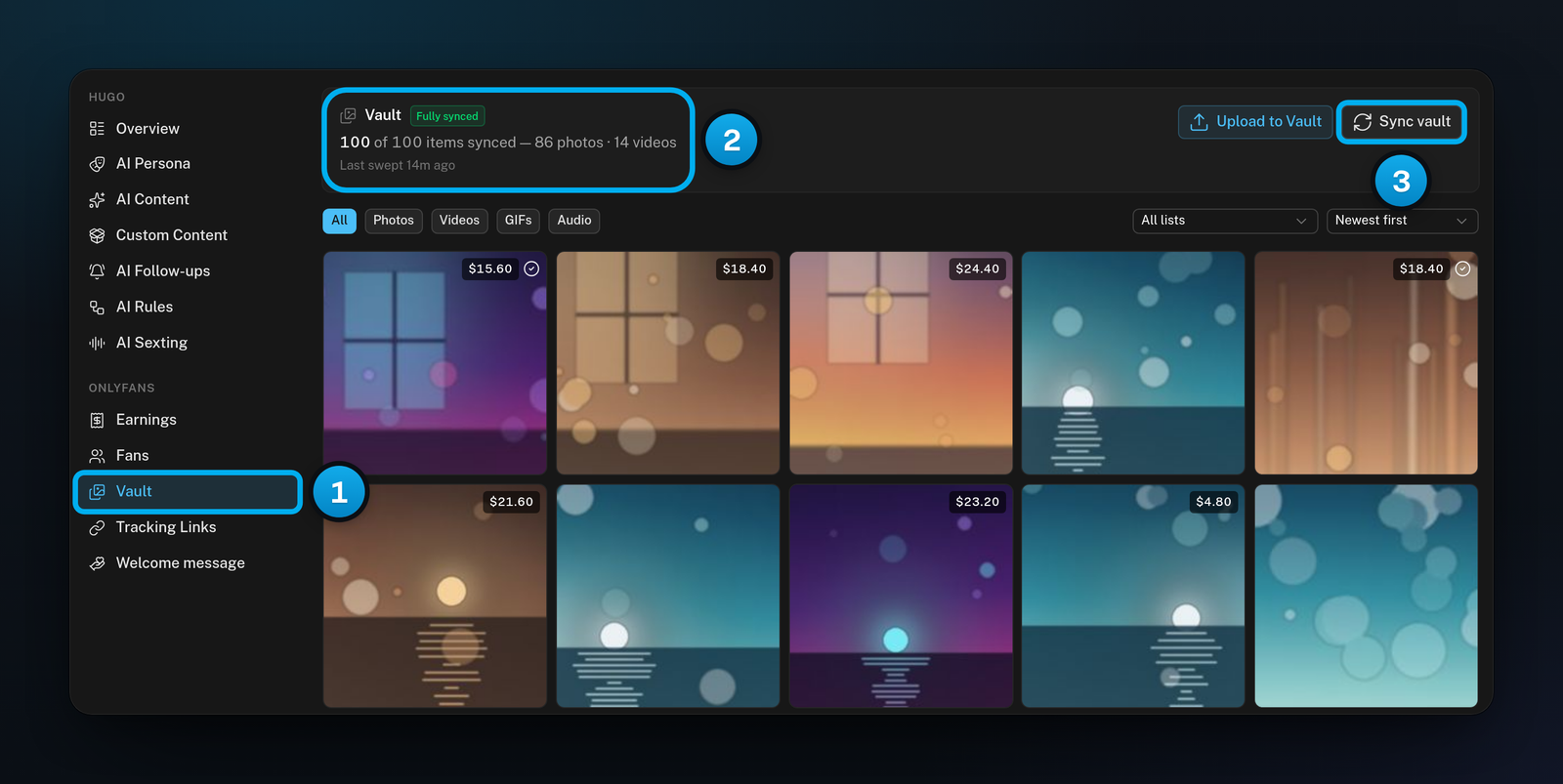 A creator's Vault tab: Vault selected in her menu, a Fully synced card that counts the files OnlyX holds, and the Sync vault button