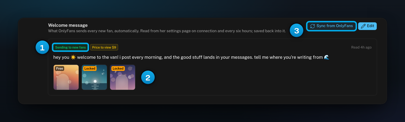 The Welcome message tab: a Sending to new fans badge, a price badge, the words of the message, attachments marked Free and Locked, and Sync from OnlyFans