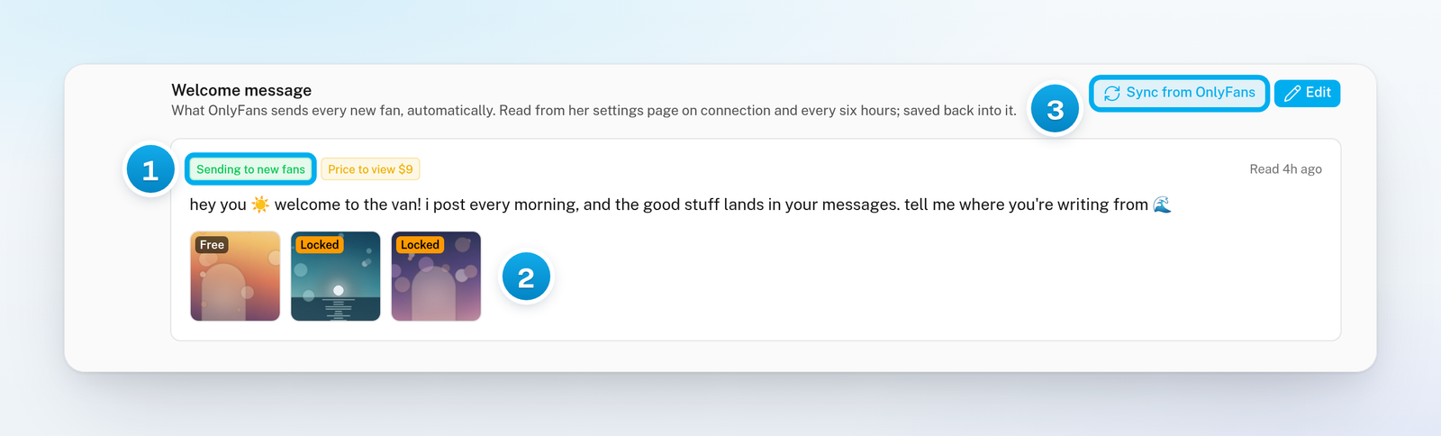 The Welcome message tab: a Sending to new fans badge, a price badge, the words of the message, attachments marked Free and Locked, and Sync from OnlyFans