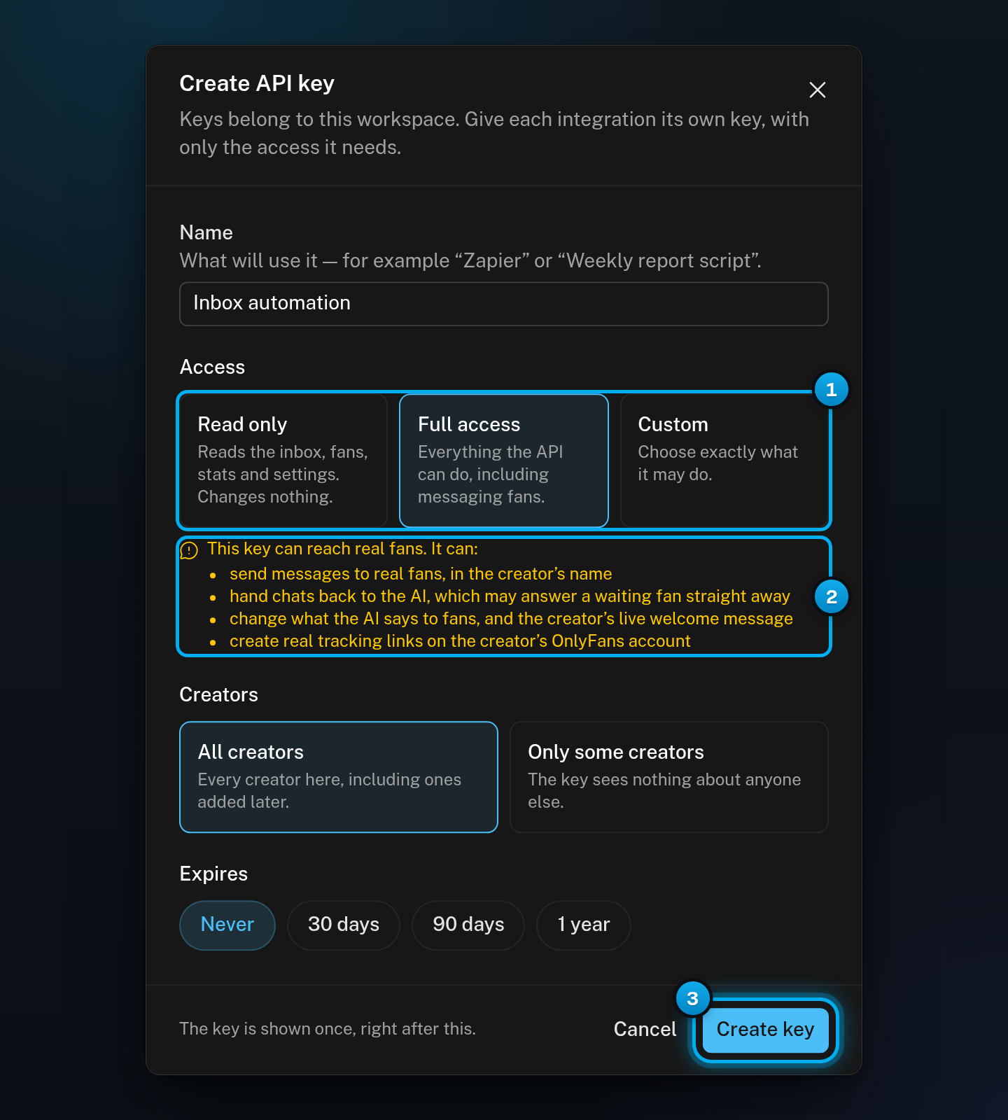 The Create API key window with Full access selected, the warning that this key can reach real fans, and the Create key button