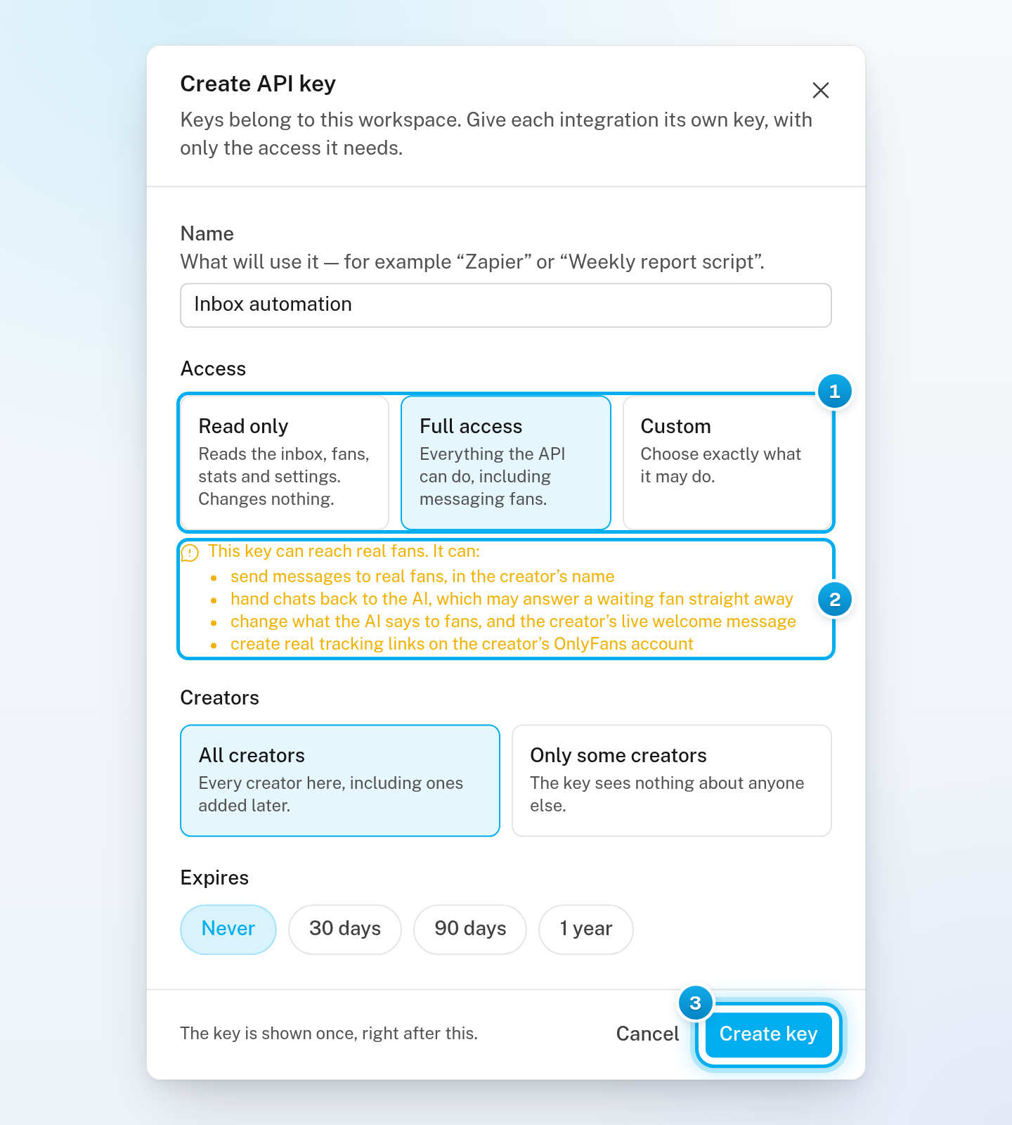 The Create API key window with Full access selected, the warning that this key can reach real fans, and the Create key button