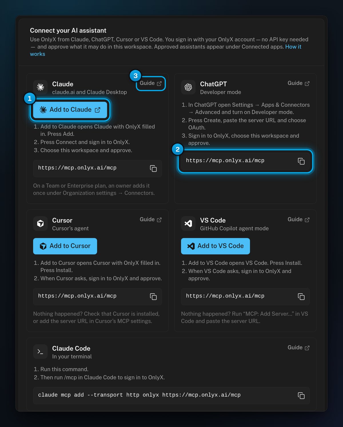 The Connect your AI assistant card with the Add to Claude button, the ChatGPT server address with its copy button, and a Guide link