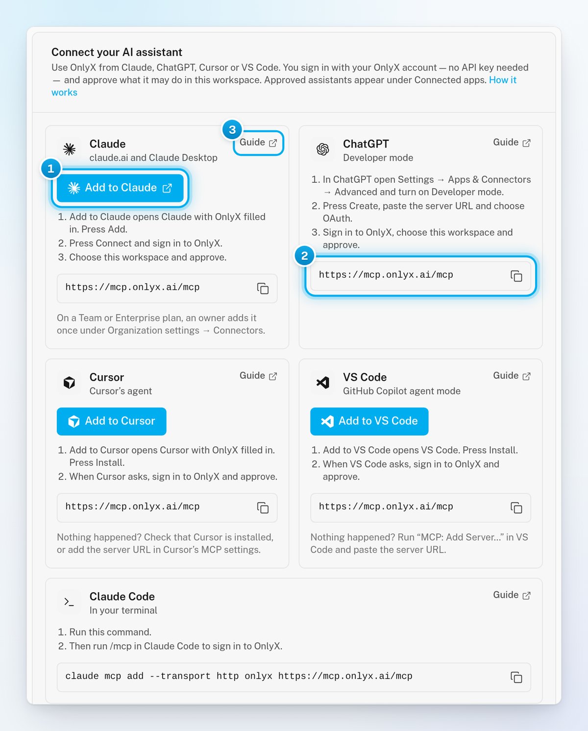 The Connect your AI assistant card with the Add to Claude button, the ChatGPT server address with its copy button, and a Guide link