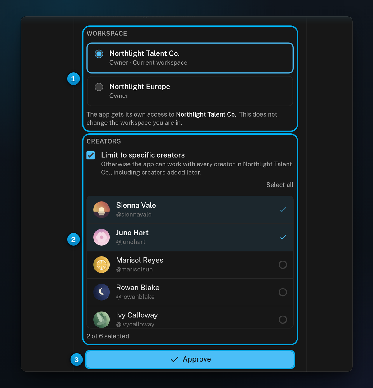 The Workspace choice with Northlight Talent Co. selected, Limit to specific creators ticked with two creators picked, and the Approve button
