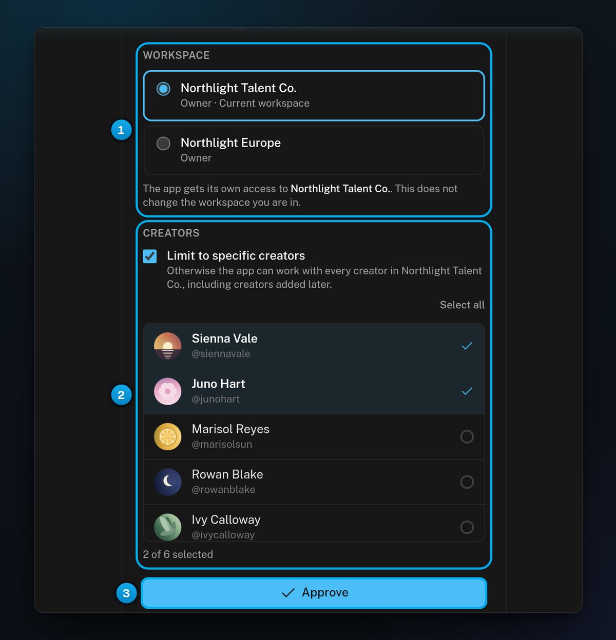 The Workspace choice with Northlight Talent Co. selected, Limit to specific creators ticked with two creators picked, and the Approve button