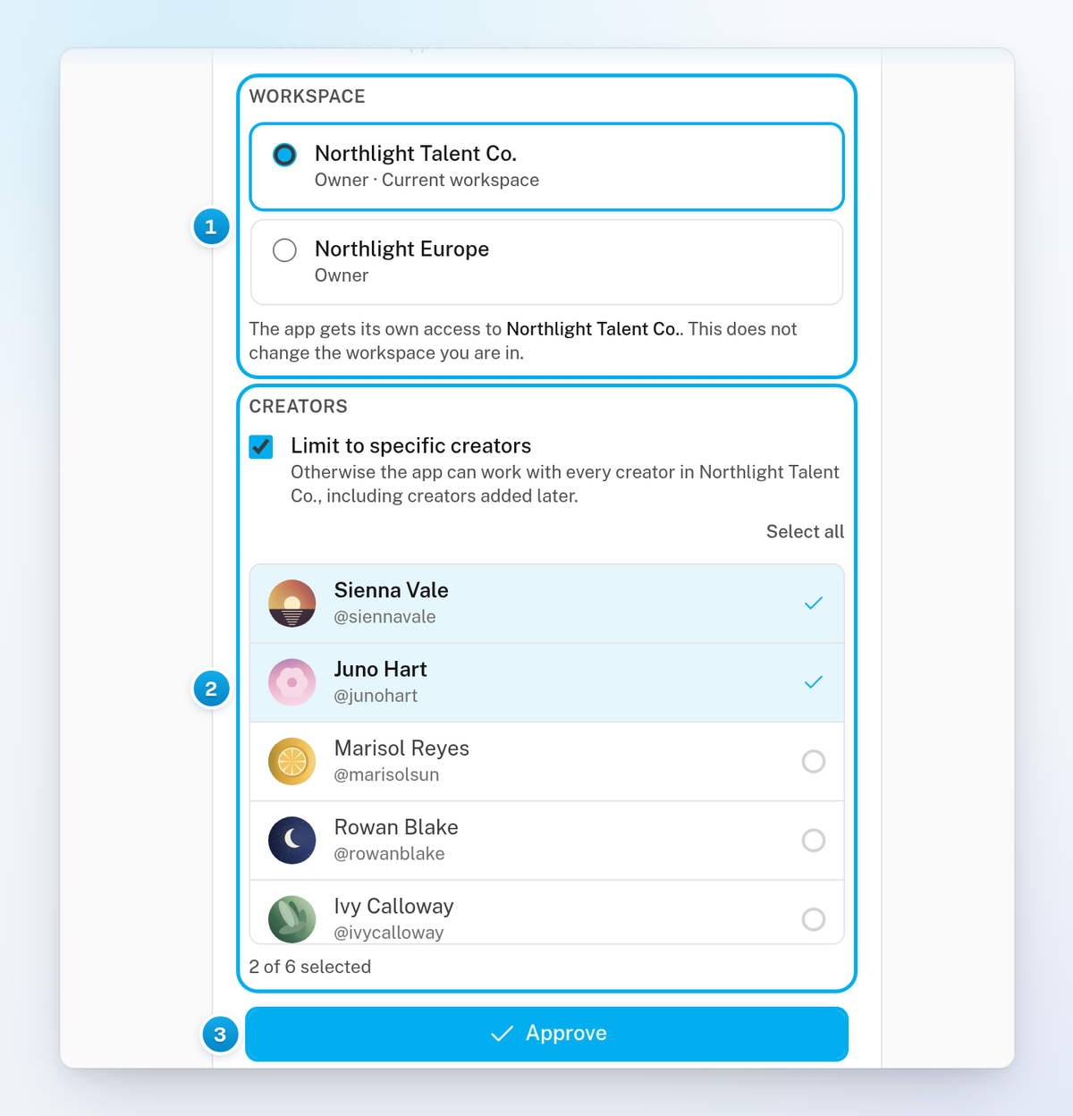 The Workspace choice with Northlight Talent Co. selected, Limit to specific creators ticked with two creators picked, and the Approve button