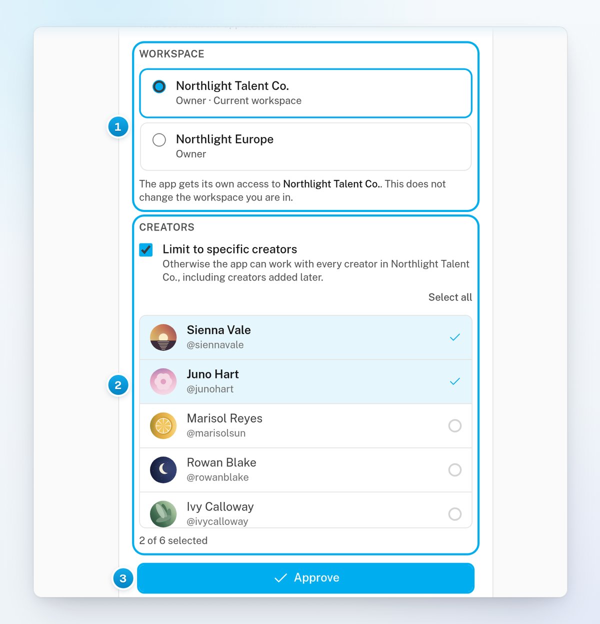 The Workspace choice with Northlight Talent Co. selected, Limit to specific creators ticked with two creators picked, and the Approve button