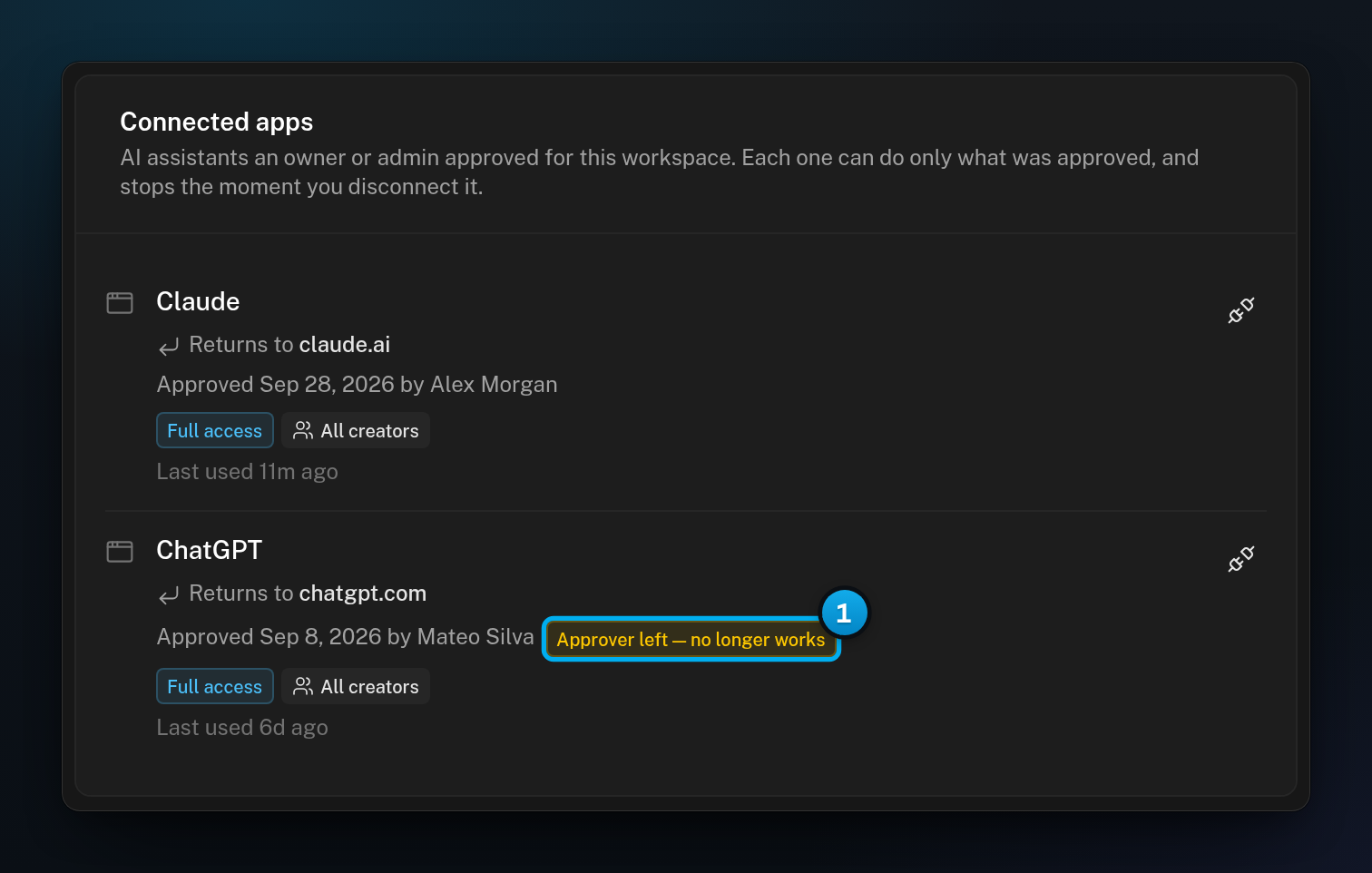 The Connected apps card with a second app, ChatGPT, marked Approver left — no longer works next to who approved it
