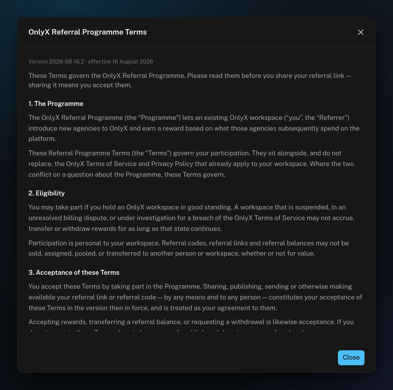 The OnlyX Referral Programme Terms window with its version, the introduction and the first sections