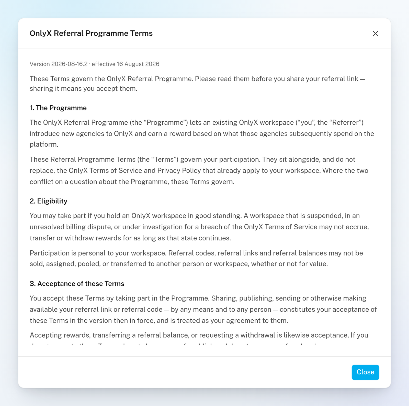 The OnlyX Referral Programme Terms window with its version, the introduction and the first sections