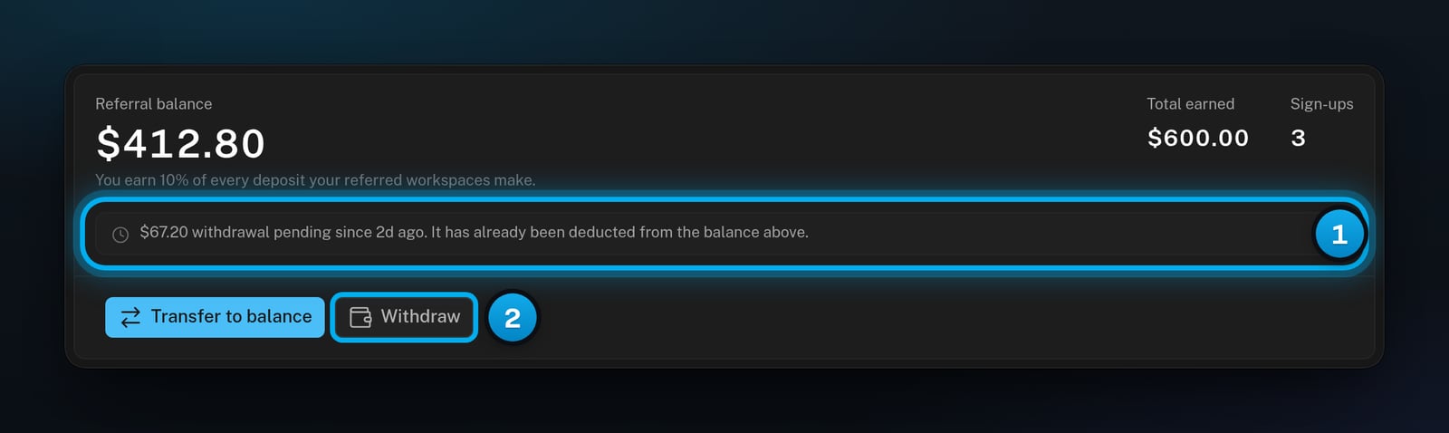 The rewards card with a pending withdrawal already deducted from the balance, and the Withdraw button greyed out