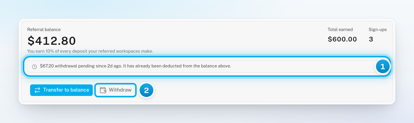 The rewards card with a pending withdrawal already deducted from the balance, and the Withdraw button greyed out