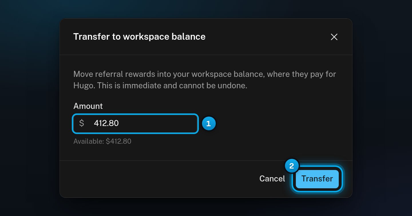 The Transfer to workspace balance window with the whole balance in Amount and the Transfer button