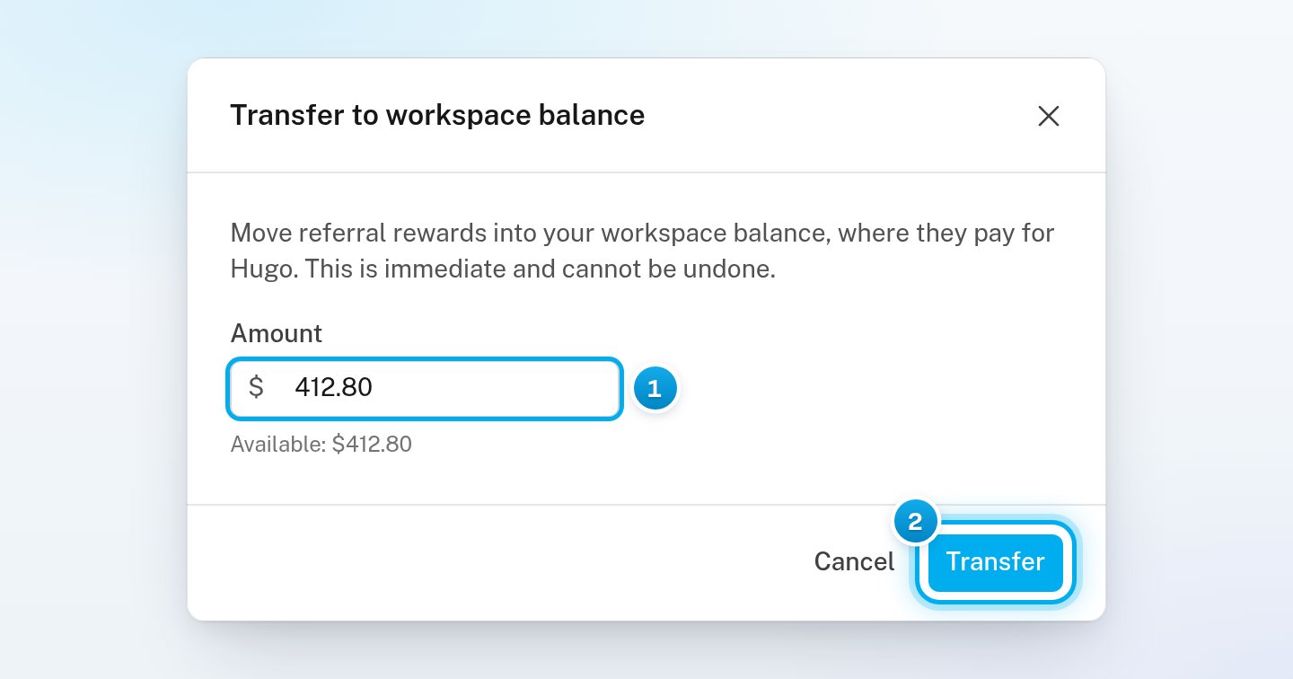 The Transfer to workspace balance window with the whole balance in Amount and the Transfer button