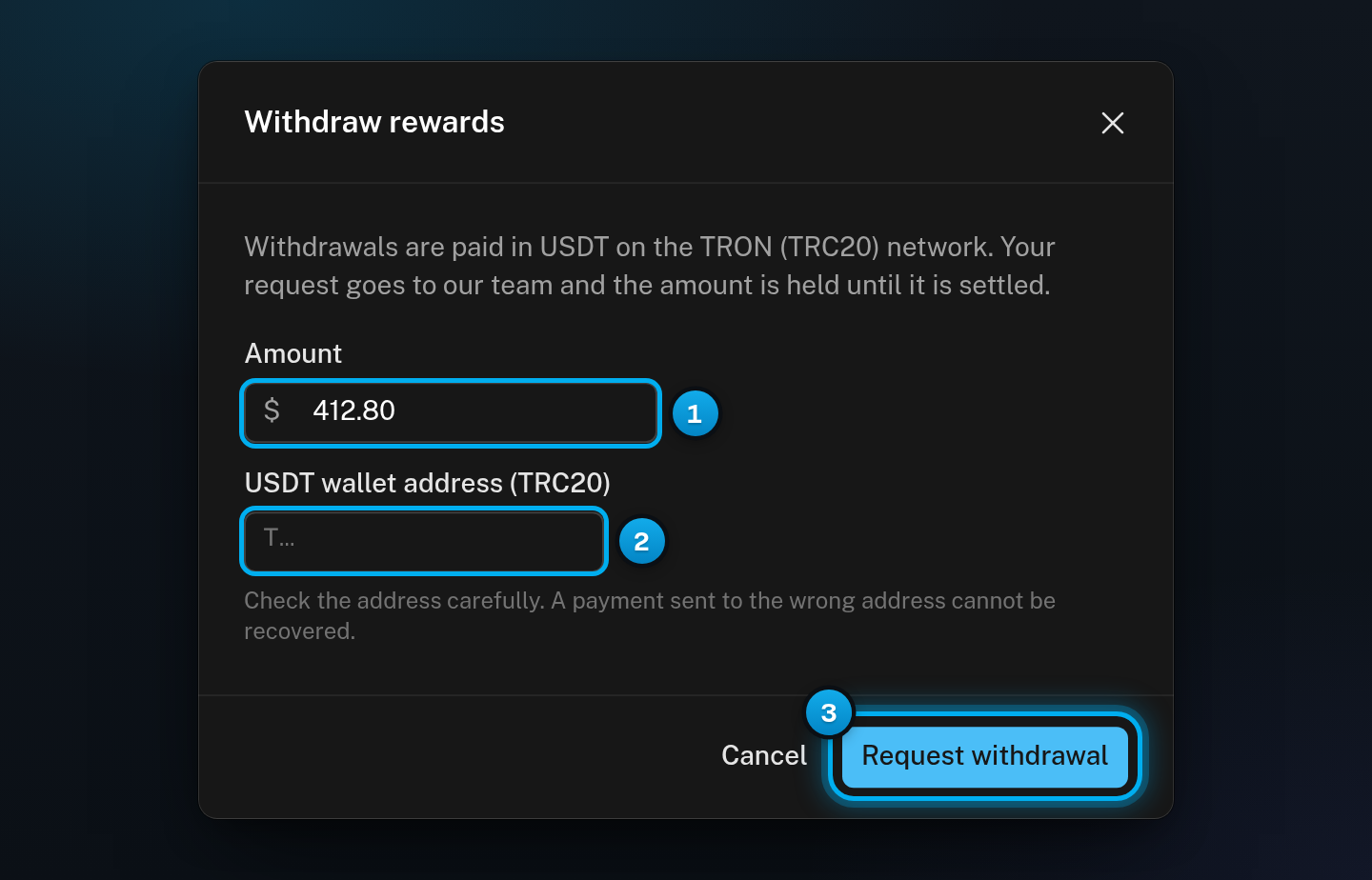 The Withdraw rewards window with the amount, the empty USDT wallet address (TRC20) field and its warning, and the Request withdrawal button