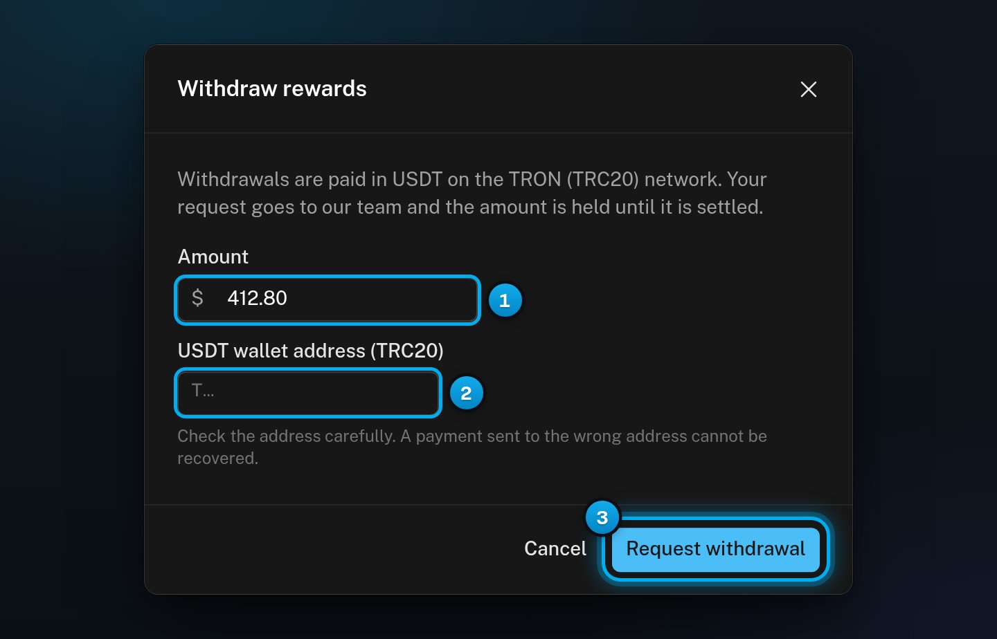 The Withdraw rewards window with the amount, the empty USDT wallet address (TRC20) field and its warning, and the Request withdrawal button