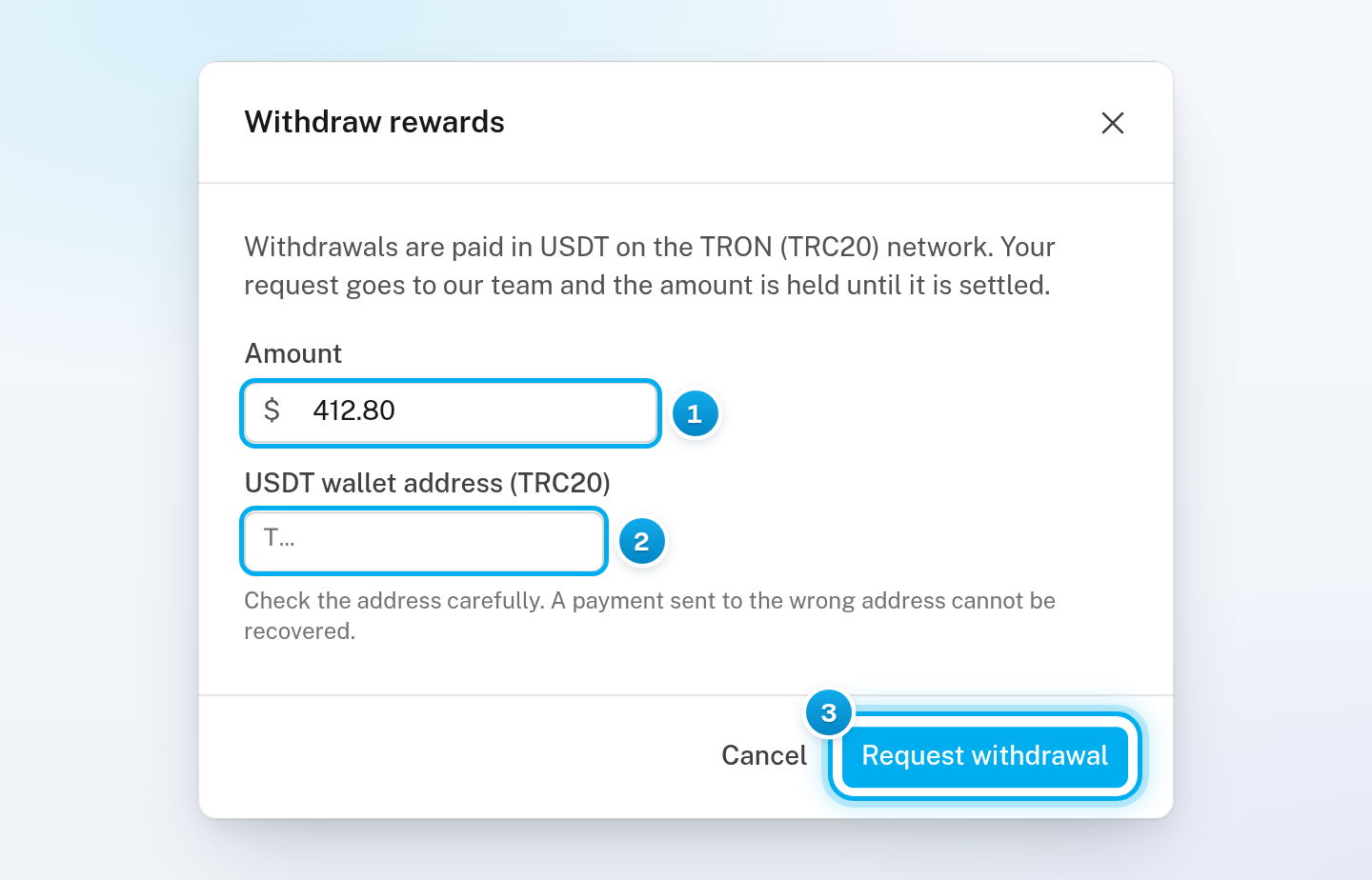 The Withdraw rewards window with the amount, the empty USDT wallet address (TRC20) field and its warning, and the Request withdrawal button