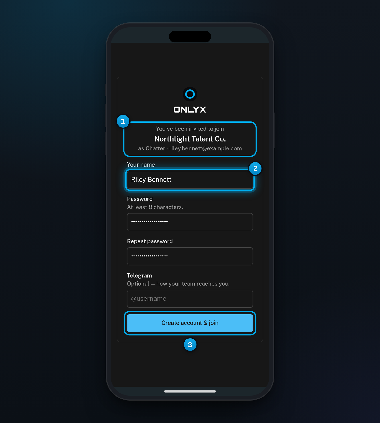 The invite page on a phone with the workspace name, your role and email, the form to create your account and the Create account & join button