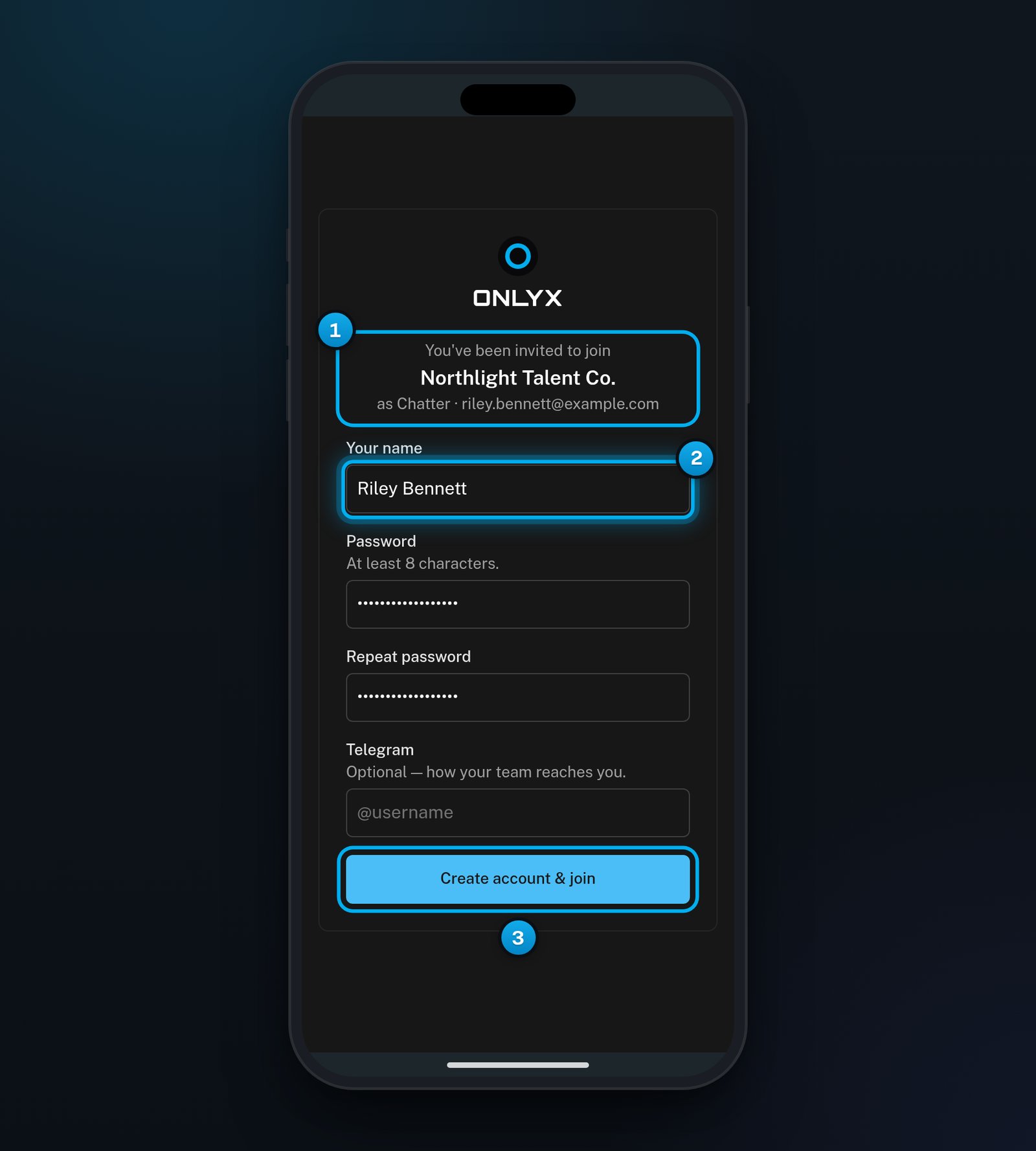 The invite page on a phone with the workspace name, your role and email, the form to create your account and the Create account & join button
