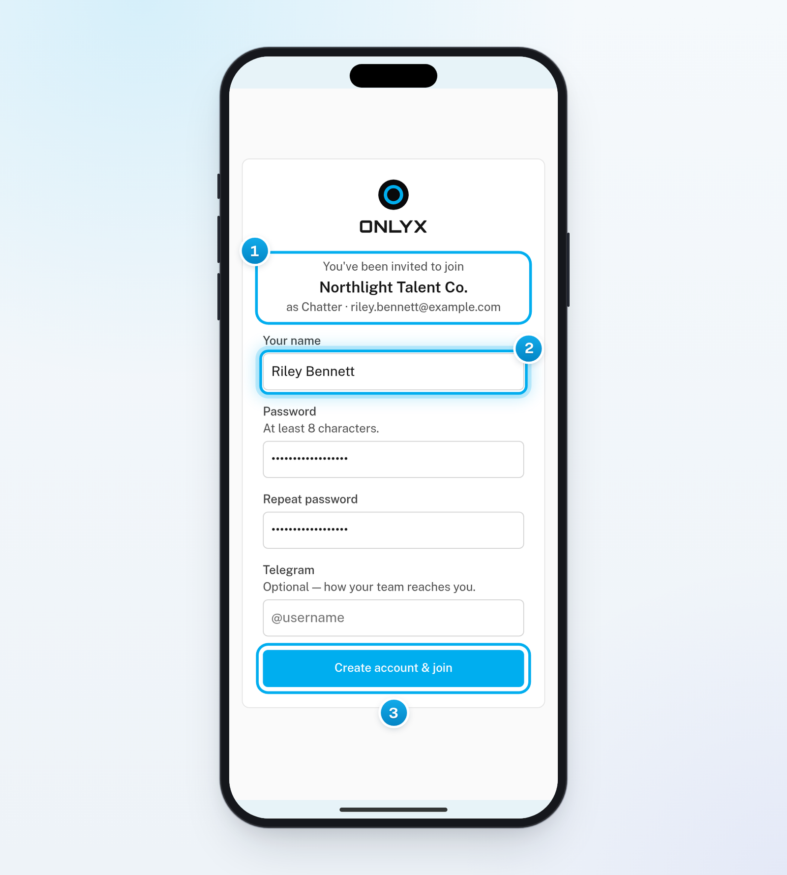 The invite page on a phone with the workspace name, your role and email, the form to create your account and the Create account & join button