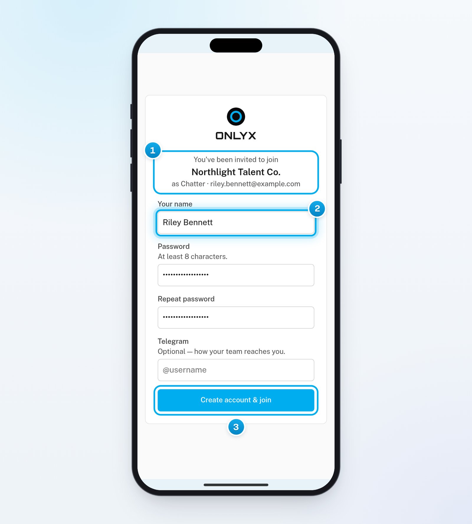 The invite page on a phone with the workspace name, your role and email, the form to create your account and the Create account & join button