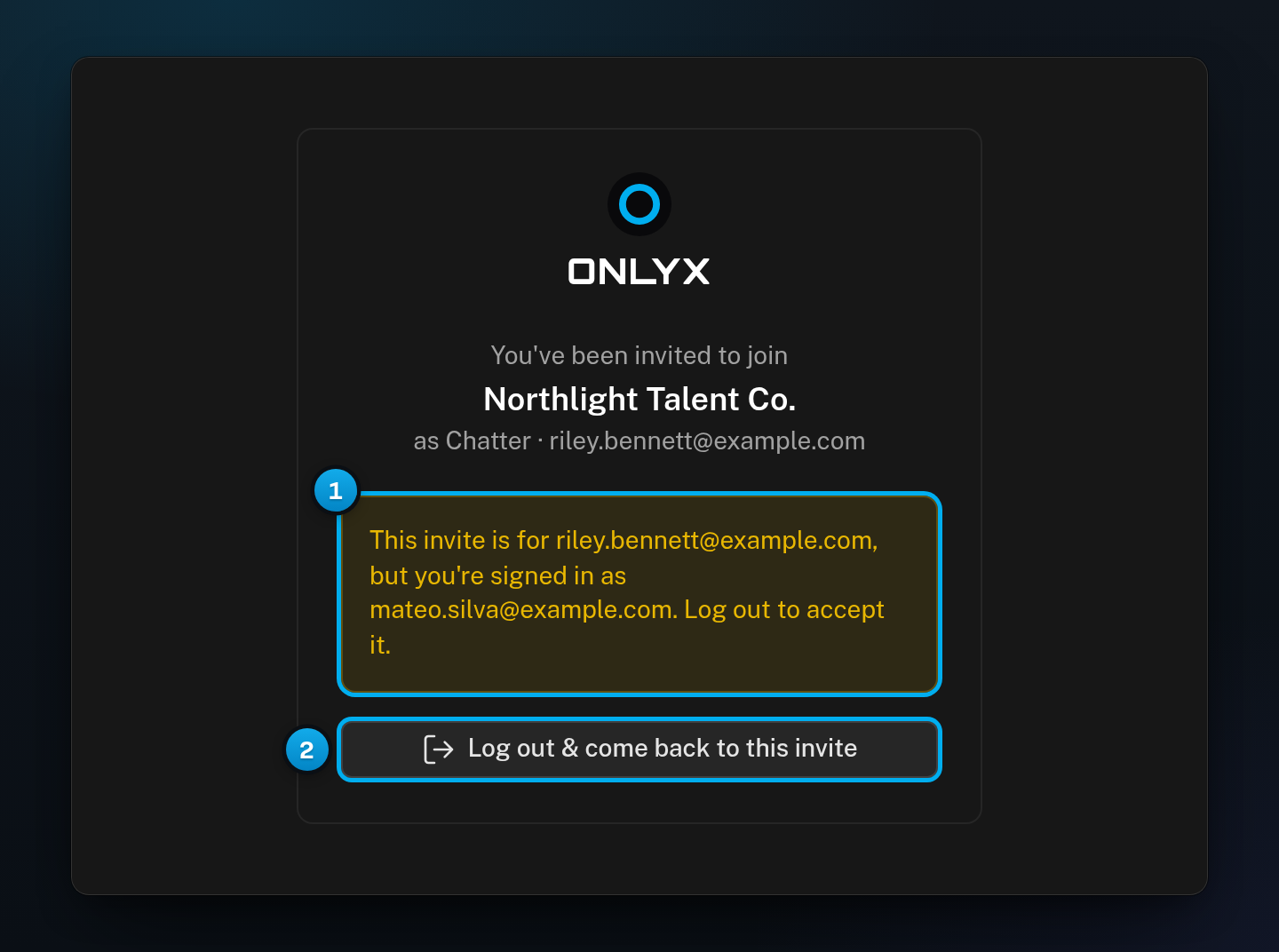 The invite page warning that the invite is for another email address, with the button to log out and come back to the invite