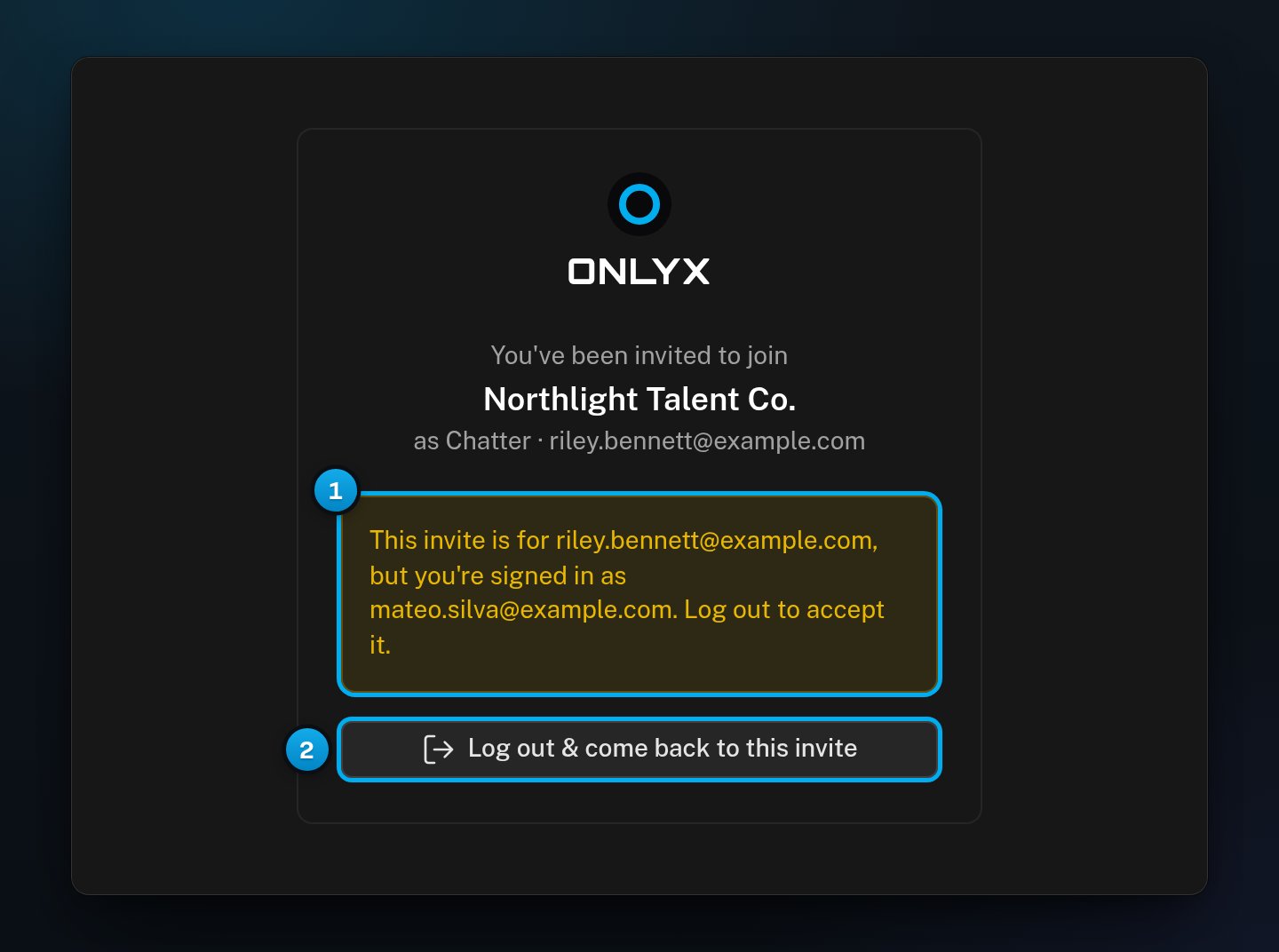 The invite page warning that the invite is for another email address, with the button to log out and come back to the invite