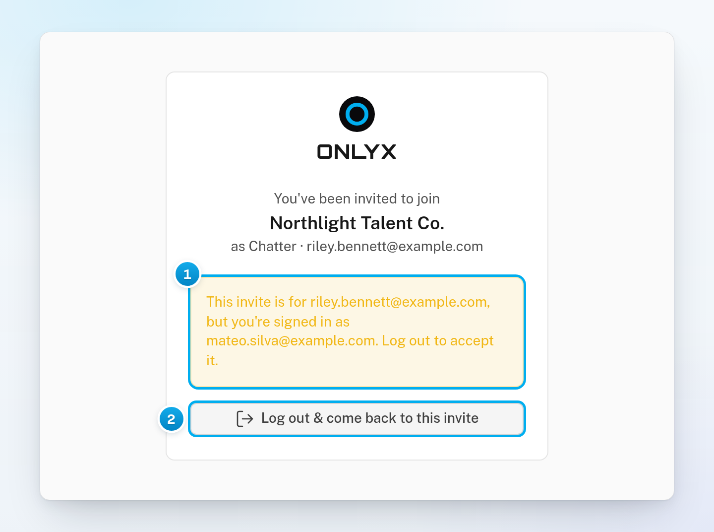 The invite page warning that the invite is for another email address, with the button to log out and come back to the invite