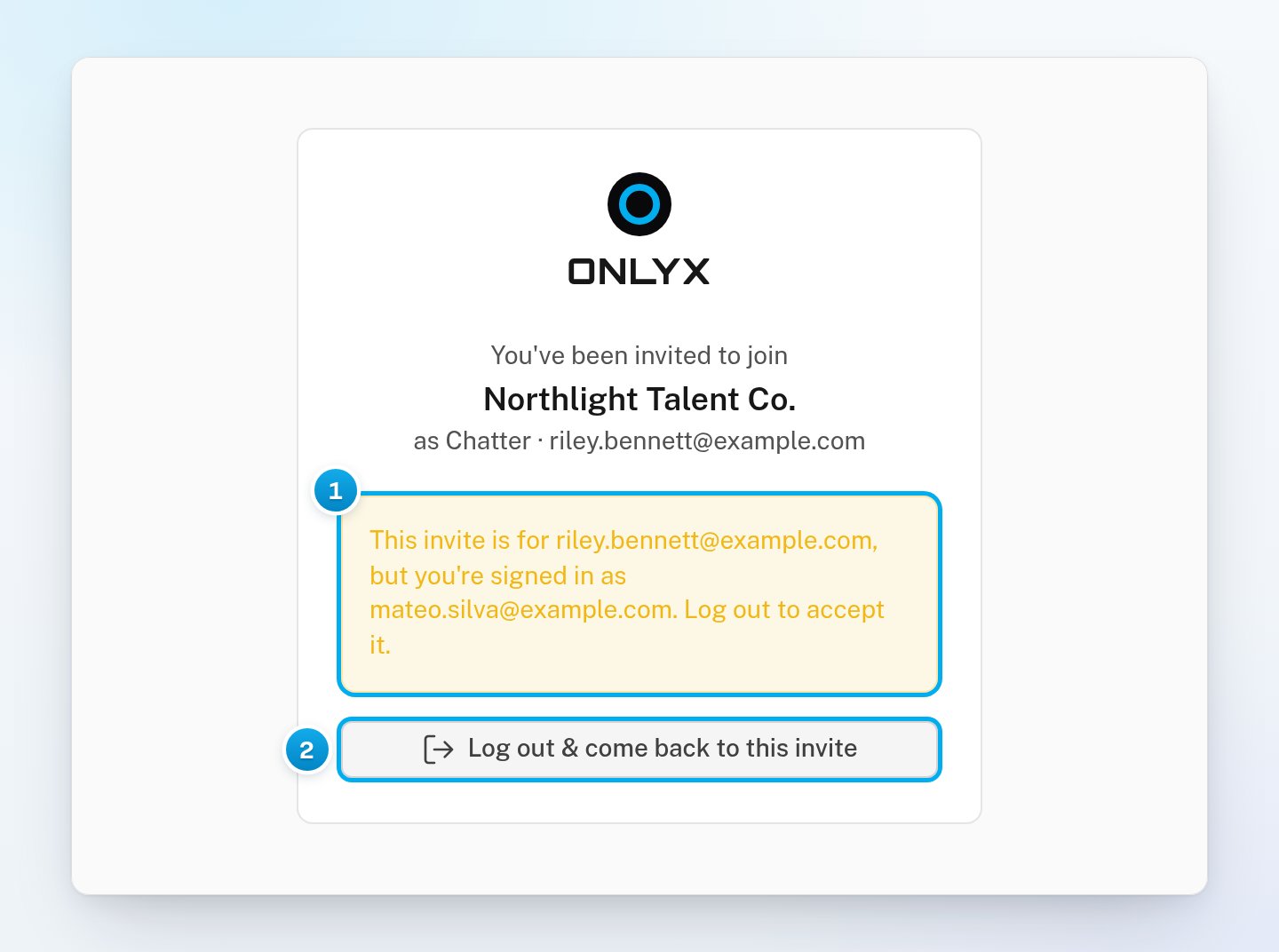 The invite page warning that the invite is for another email address, with the button to log out and come back to the invite