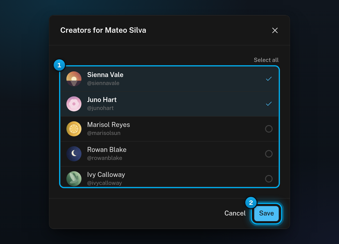 The Creators for Mateo Silva window with two creators ticked and the Save button