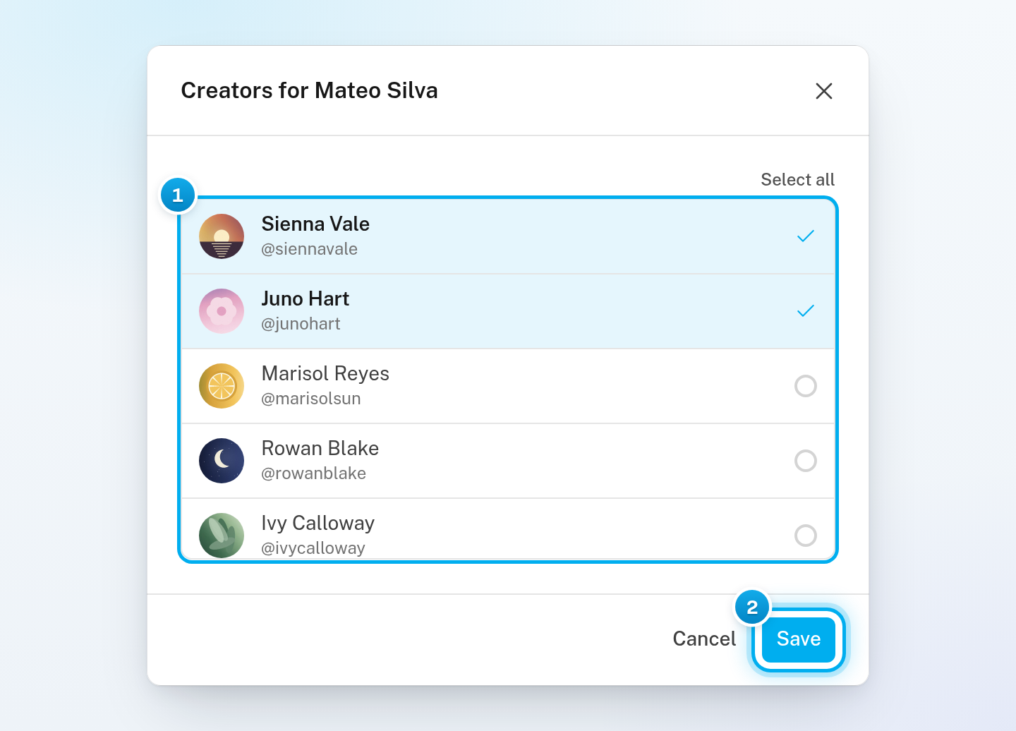 The Creators for Mateo Silva window with two creators ticked and the Save button