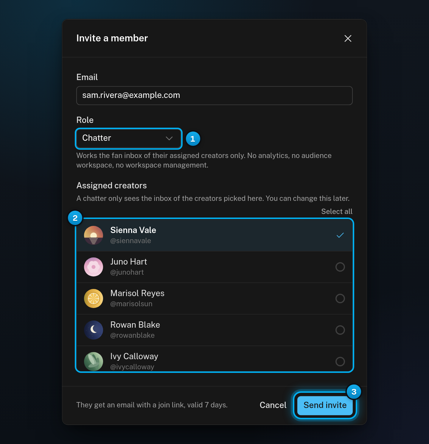 The Invite a member window with an email filled in, Chatter as the role, one creator ticked and the Send invite button