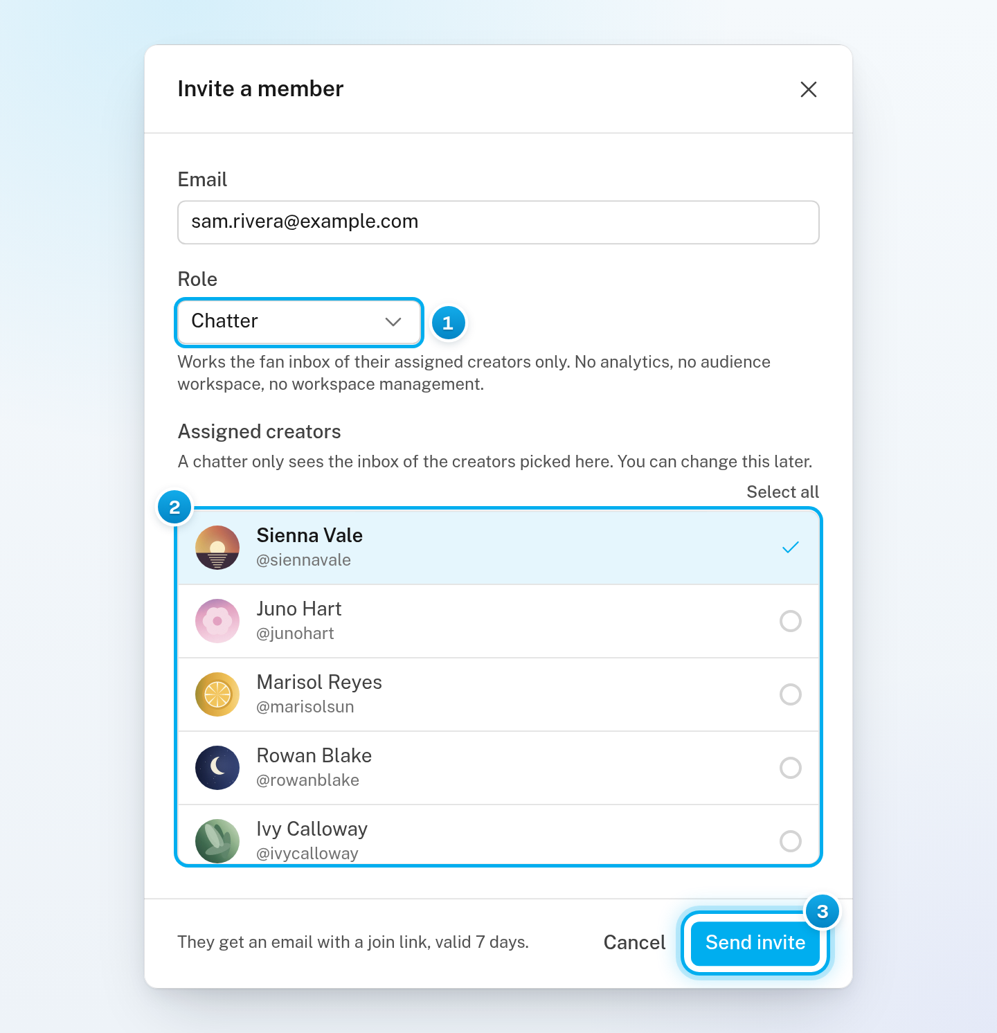 The Invite a member window with an email filled in, Chatter as the role, one creator ticked and the Send invite button